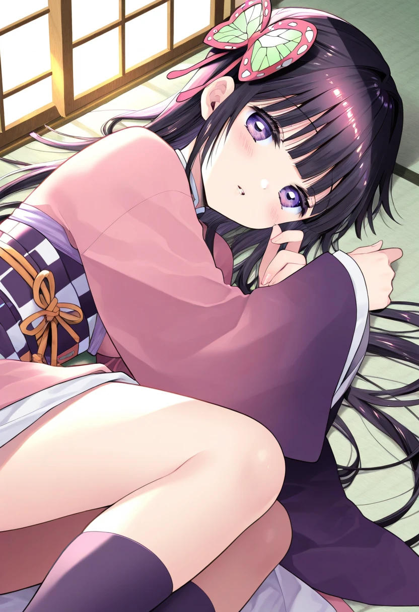 ((masterpiece)), (best quality), (ultra-detailed), (grainy:0.7), intricate detail, perfect anatomy, finely detailed, cinematic composition, colorful, sharp:1.3, 
soft shadows, diffused lighting, rim lighting, luminescence, indirect light
detailed background,indoor, night, japanese tatami room, mattress, pillow,
sfw, 1girl, chitanda eru, long hair, black hair, purple eyes, detailed beautiful  tight yukata, kimono, thicc, large breasts, <lora:chitanda_eru_v10:0.8> 
 <lora:add_detail:0.75> 
pov, from above,
standing, alluring eyes, face close up, shy, blush, (((look away, avoid eyes))),  kneeling, white socks,