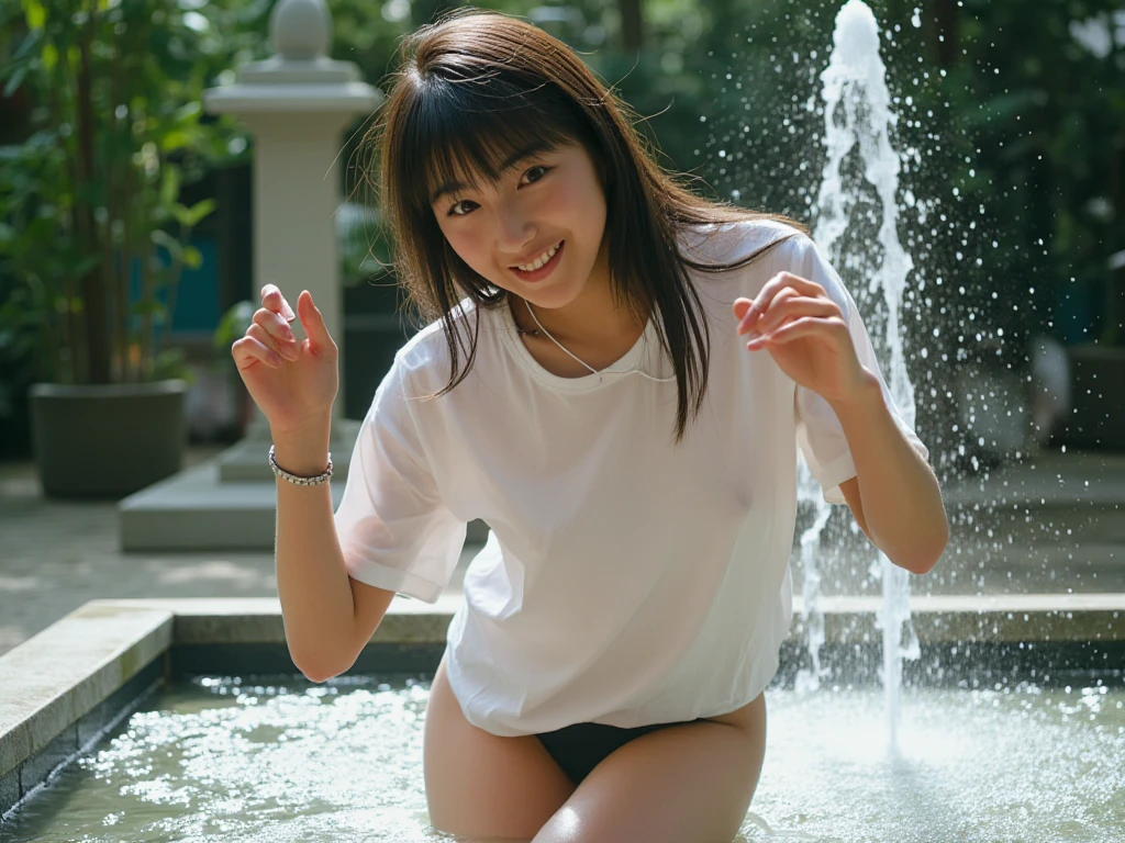 From below, squat with your legs wide open, Hold your crotch with one hand、his other hand grabs your chest, An ultra-high picture quality, Super Detail, High resolution, super beautiful woman, Amorous expression, Huge breasts, great proportion, perfectly proportions, slender, Full body，((Best Quality)), ((masuter piece)), goddess of Japan,A smile，Half-naked beautiful girl with legs spread，The body is oily and shiny，kawaii，eyes large，Perfect fingers，The whole body is wet with lotion，4K，女の子1人