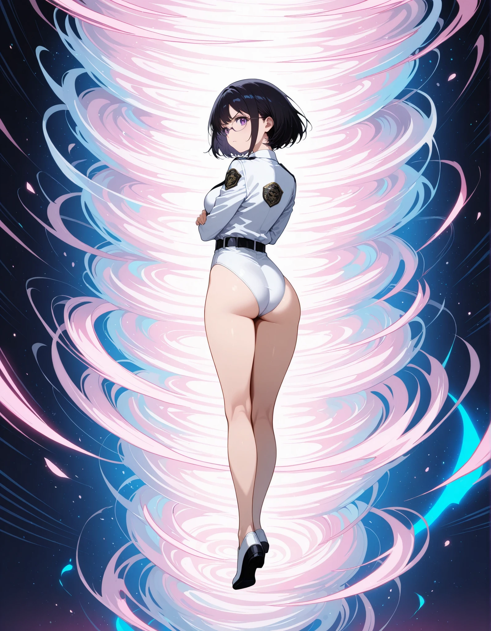 (masterpiece), (best quality), (high res), medium breasts, ((jet black hair, short hair, bob hair, purple eyes, bangs)), japanese police uniform, ((white shirt, black tie)), ((leotard, white and red leotard, matching leotard, bare legs)), matching shoes, badge, solo, solo focus, standing, (full body), cowboy shot, superhero, ((beautiful detailed eyes)), standing straight, full body shot, cowboy shot, superhero, mature lady, (perfect anatomy). spread arms, (spinning), (she spins) fast in place like a (tornado), spinning in place, tornado spinning, rapid gyration, (dynamic spin pose), space backdrop, motion blur, speed lines around her, spiral lines around her, tornado, time warp, (spinning energy pulse around her), light particles, serious.