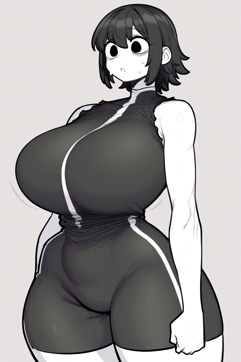 pale woman, short pixie cut purple hair, some hair on the back of her head, big earring, half lidded eyes, looking straight ahead, black eyeshadow, very massive huge breasts, very busty, small waist, wearing a very skin-tight white t-shirt, skin tight short sleeve, expressionless, wide hips, thick thighs, large thighs, black shorts, thick legs, wearing black high heels full body shown, standing, roommate