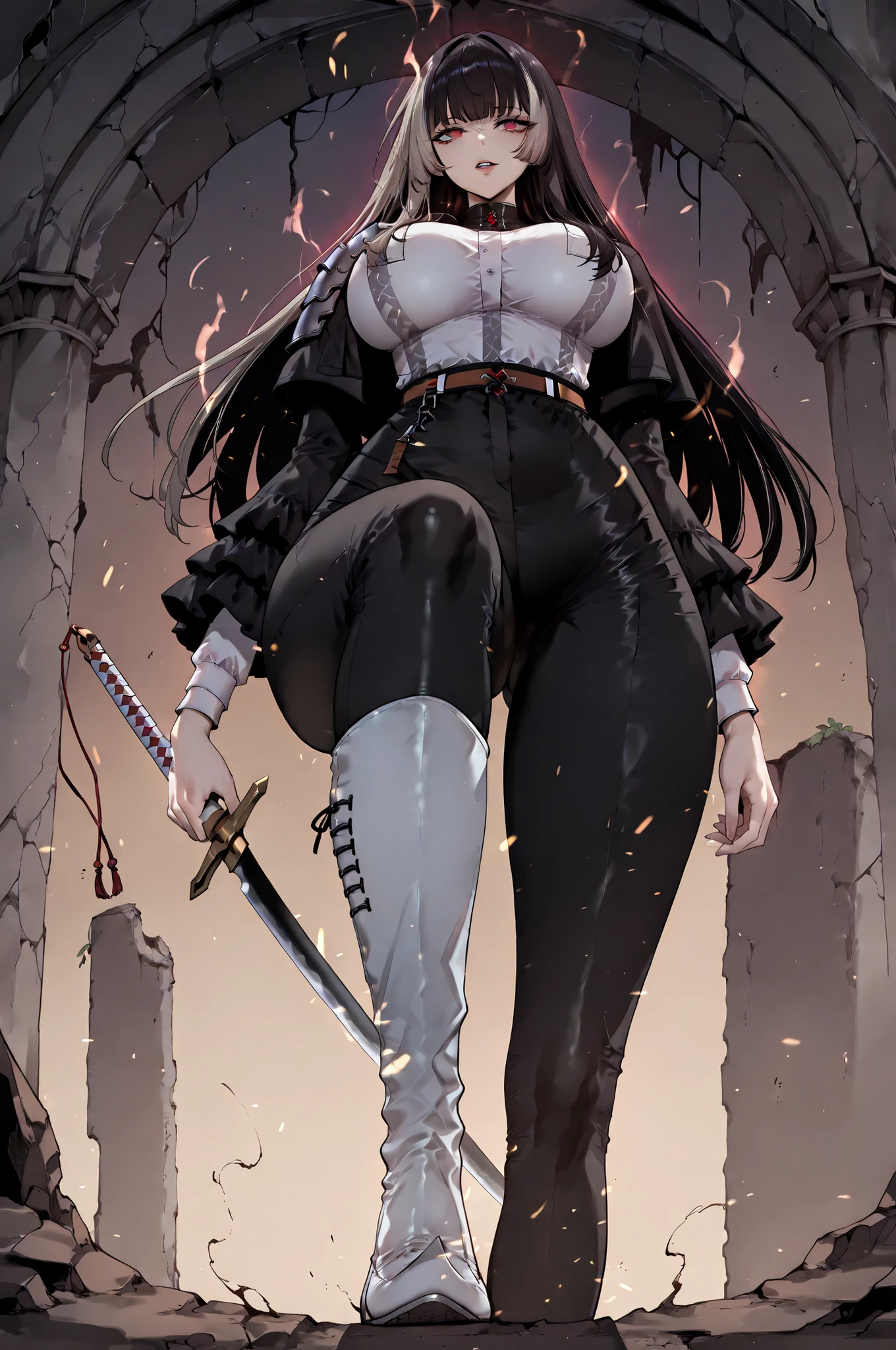 stomp、stompる、soloプレイ、solo、only one person、taken from below、caveの中、Hunter、Ruins、Attach a、black suit、Attach a、sword、Japanese sword、black longsuit、 black long jacket、ゴスロリなshirt、Depressed、Tall Woman、A woman in her thirties、 Alassah's woman、Steins;Gate、 black longsuit 、score_9, score_8_up, score_7_up, Source_anime,masterpiece、No expression、no makeup、top quality,beautifully detailed eyes in a logistics warehouse, Exquisite Eyes、A sophisticated eye、highly detailed eyes and faces on the back,unmotivated expression、lethargic face、 long breasts, Black Jacketを羽織る、Black Jacket、shirt, big saggy breasts, shockingly big breasts, big breasts,big boobs、boobs 、Zitoida, makeup、no makeup、long hair、smooth straight hair、black slacks、tall woman、Tall Woman、plump thighs, parted lips、 shining eyes,(Fire Aura Onkown),dungeon内、Crimson Eyes、long hair、dark haired、黒い髪、long straight hair、dungeon、cave、Ruins、solo、swordを持っている、soloプレイヤー、red aura、 Crimson Aura 、zone、sword、大sword、Japanese sword、Sword、ゴツいsword、厳ついsword、Buster Sword、大Sword、Wide ass、beautiful butt、I will stick my butt to the focus of my butt、long boots、Shoulder Armor、Fearless Laugh、strong、Is confident、suit pants、黒いlong pants、Black Skinny、long pants、Dynamic、Satu、fight、Satu狂、sexual impulses and、bangs、quick bangs、princess cut、モンスターをstompる、low angle、stomp、Black Skinny、モンスターをstomping 、stomping 、stomping する