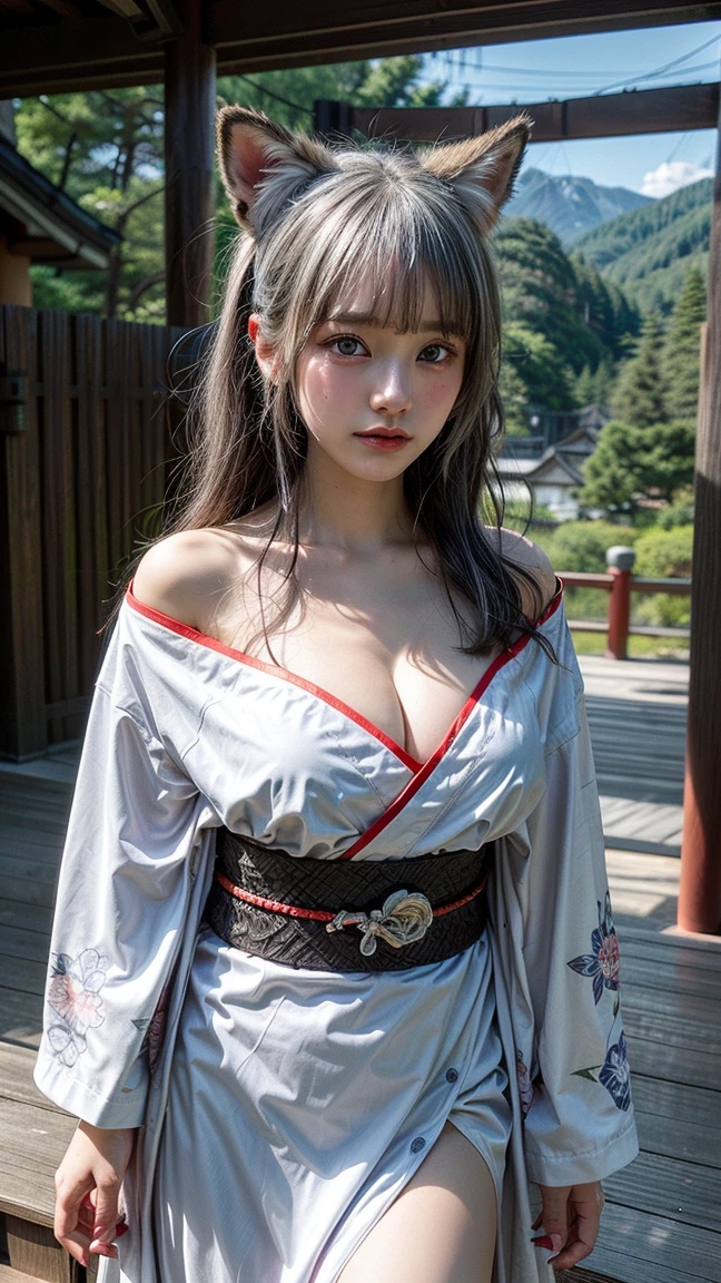 (RAW shooting:1.5, Photorealistic:1.5, 8k, Highest quality, masterpiece, Ultra-high resolution), Japan, A world of magic and swords, Perfect dynamic composition:1.2, mysterious:1.3, Highly detailed skin and facial textures:1.3, Cute and sexy slim female swordsman, beautifully、aesthetic:1.2, Cute and sexy beauty, Perfect Style, Wear an exquisite ring, Japan刀を振り回す:1.3, fire, water, Wind, thunder, ice, Fair skin, Very beautiful face, (Mid-chest, Chest gap), (Embarrassed smile, Her facial expression when she felt intense caressing, Facial expressions when feeling happy), (Wearing a kimono, sexy:1.1, Off the shoulder, Navel exposure), (Beautiful Blue Eyes, Beautiful erotic eyes:0.8), (Too erotic:0.9, Fascinating:0.9), Full Body Shot, 背景にJapanの城