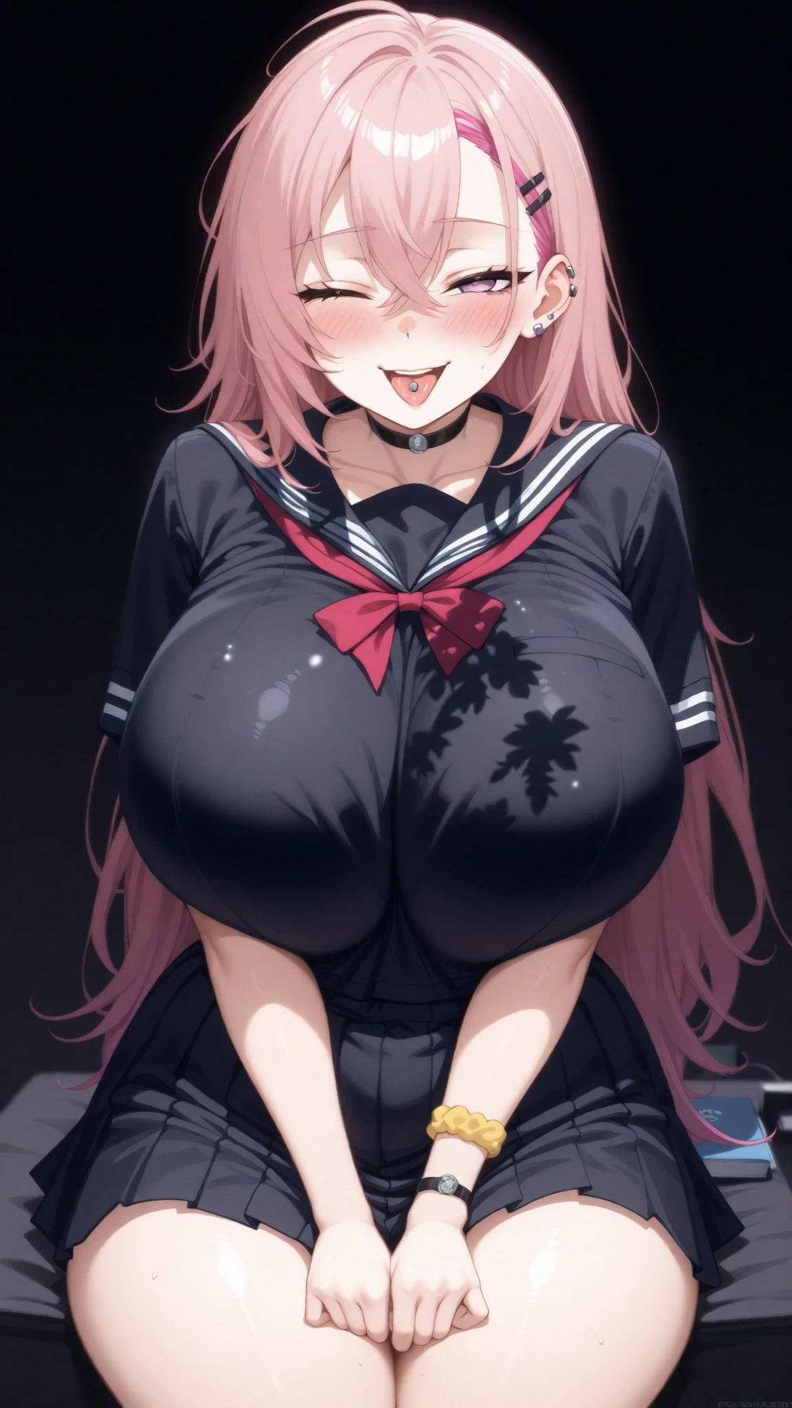 (masterpiece）、（Best image quality）、（Very detailed）、（Very detailed）、4K、（8K）、Best image quality、（beautiful）, 1 Girl,Huge breasts、Thick thighs,Noise Reduction､Emphasis on the crotch､Breast Augmentation,(Black Pantyhose:1.2),The chest is exposed,(nsfw :1.3),(pubic hair:1.3),Sweating,(school uniform:1.2),smile,(Sex slave:1.3),(Bukkake on thighs:1.2)