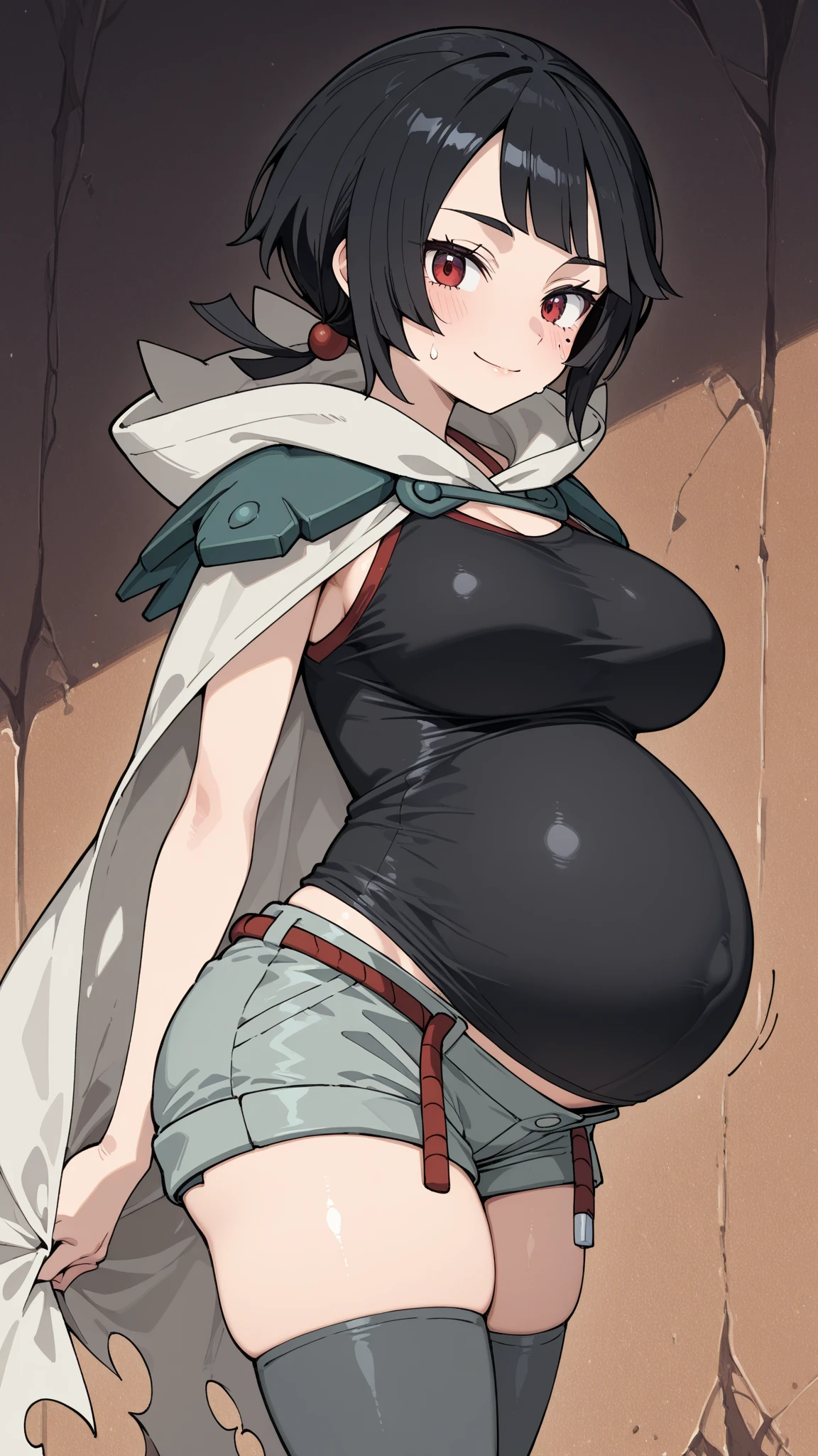pan,1girl,solo,short hair,bangs,black hair,orange headband,black eyes,
belt,crop top,red jacket,crop jacked,green shorts,turtleneck
smile,closed mouth,cowboy shot,
forest,outdoor,
(insanely detailed, beautiful detailed face, masterpiece, best quality) cinematic lighting,bbw, plump, large belly, large breasts, large thighs, love handles, wide hips, weight gain,