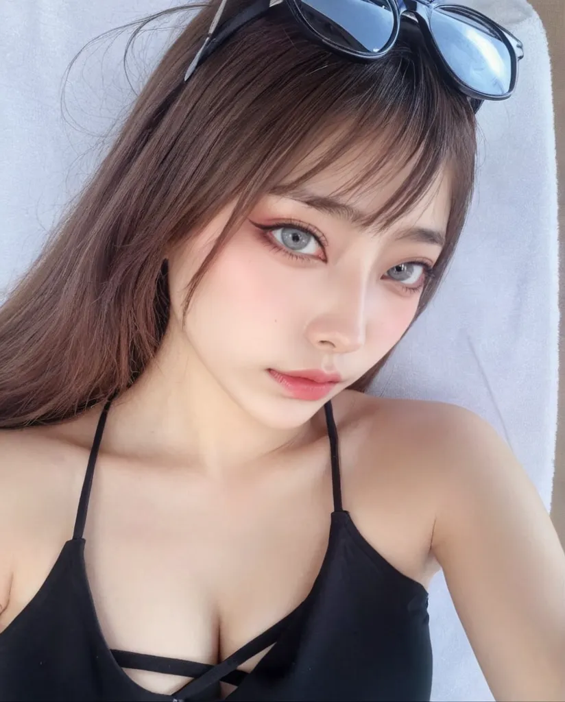 (One girl,(Highly detailed skin),Beautiful breasts,Big Breasts,Pale skin,Pointed Chest,Erect nipples:1.37),(Hyper Realist,(8k),Ultra-realistic,High detail,High resolution,highest quality,masterpiece,Presence,dynamic,bold),(Thin Hair:2),(Soft Hair:2),(Straight hair]1.5),Long, slicked bangs,Very light coppery amber hair,Hair on one eye,(Dressed:1.5,Swimsuit:1.5),Poolside