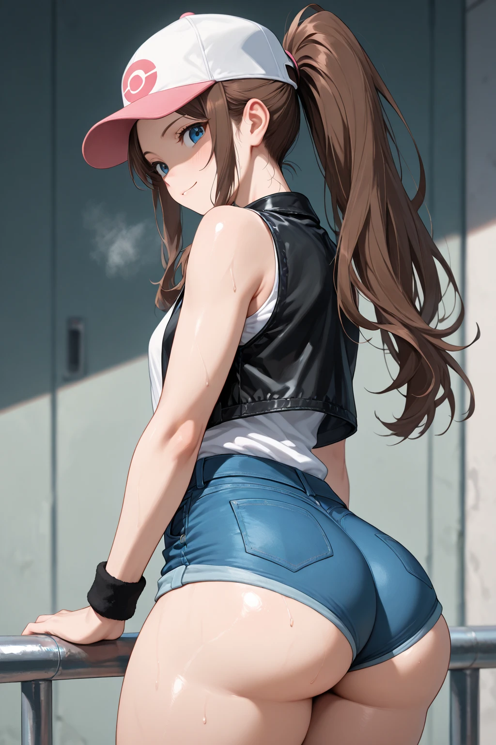 beautiful, (Obra maistra:1.2), (Best Quality:1.2), Perfect eyes, Perfect face, perfect lighting, 1 girl, is, Back, Backboob, baseball cap, black panties, old, Brown hair, crop top, cutoffs, denim, denim Bermuda, de ispaldas, disde atrás, has, High leg, High leg panties, wide, median furrow, large old, micro Bermuda, panties, Horse tail, short Bermuda, Bermuda, side chest, simple Background, Alone, Sleeveless, Thighs, correa, under the chest, underwear, Field, gris, catwalk, huge is, Wide hips, arms at the side