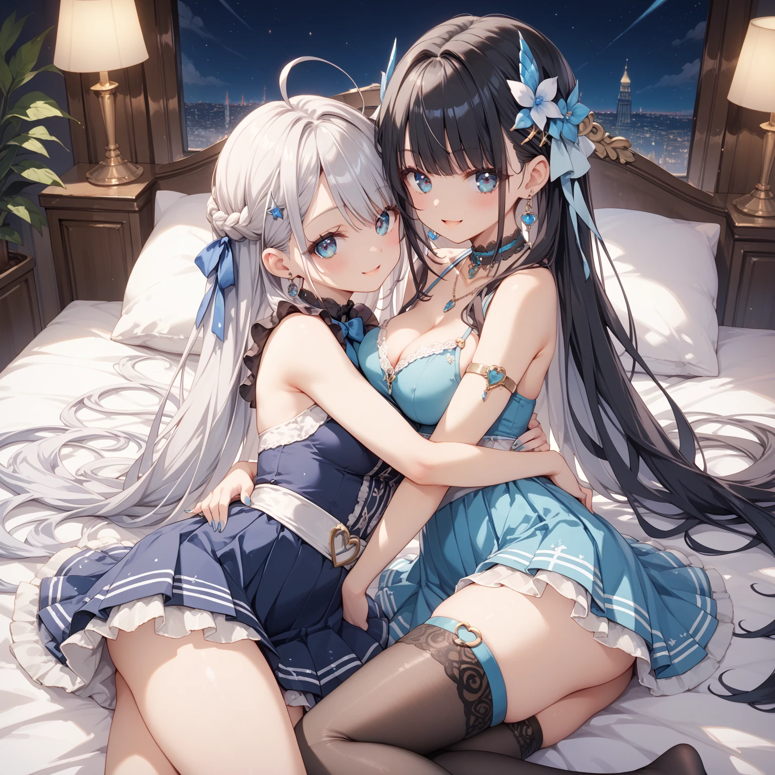 ((top-quality、8K、Manhwa Style:1.4、tmasterpiece，2P，onbed，Pubic hair shows through，full bodyesbian，))、back Lighting，Beautiful Japanese woman、18yr old、white stockings、with short white hair、Ultra-delicate skin、Beautiful production...