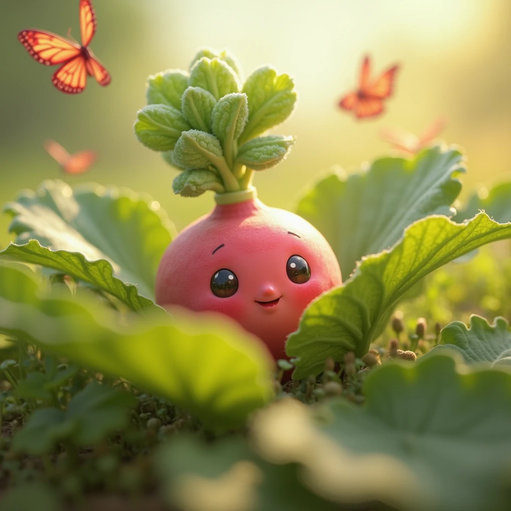 Cute radish with eyes in the garden