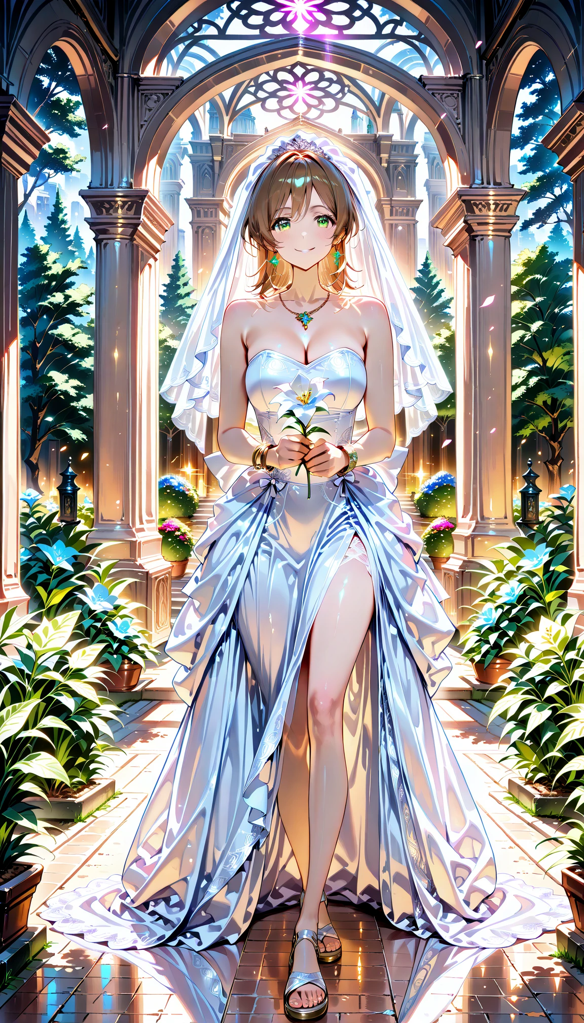 (masterpiece, best quality, beautiful anime art:1.4), 1girl in Mystic Forest, Enchanted ruins, Solo, Full body shot, Flowing gown, Floral crown, Veil, Mysterious eyes, Cascading curls, Bell sleeves, Lace stockings, Moonlit night, Overgrown vines, Ethereal, Magical, Twilight, Dreamlike, Surreal, Whimsicalcinematic light, (sharp focus:1.6), highly detailed, ultra realistic, 8k