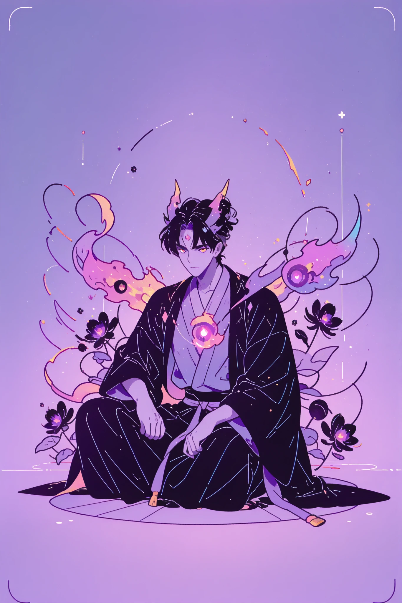 Anime character sitting on the floor on a purple background, Handsome Man in a Magic Spin Picture, color dispersion, magic rotation style, handsome Japanese monster boy, Former Demon King , detailed fan art , full color illustration , Clean line drawings and colors , Beautiful Man of Death, Great Character Design, Dark Flower Xiamen, Krenz Cushart and Asher Duran