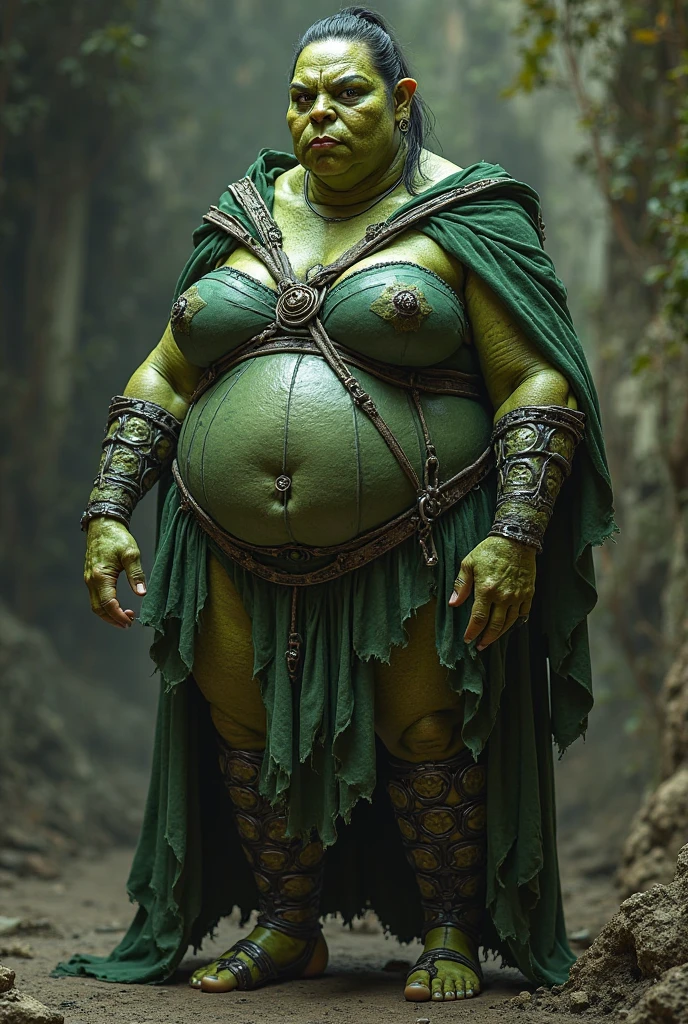Young orc woman, female orc, chubby, fearsome, (walking through the forest), overweight, dirty hair, ((green skin)), skin imperfections, skin dentation, detailed eyes, big saggy breasts, wide hips, round belly, sharp Focus, ultra high quality, crazy details, intricate pose, (wearing dirty leather and fur clothes), tribal tattoos, ((wearing dirty fur coat)), dirty clothes and skin, cleavage, 8k uhd wallpaper, masterpiece, photography, hyperrealistic, interesting shooting angle, shewoworc, naz_grandmight