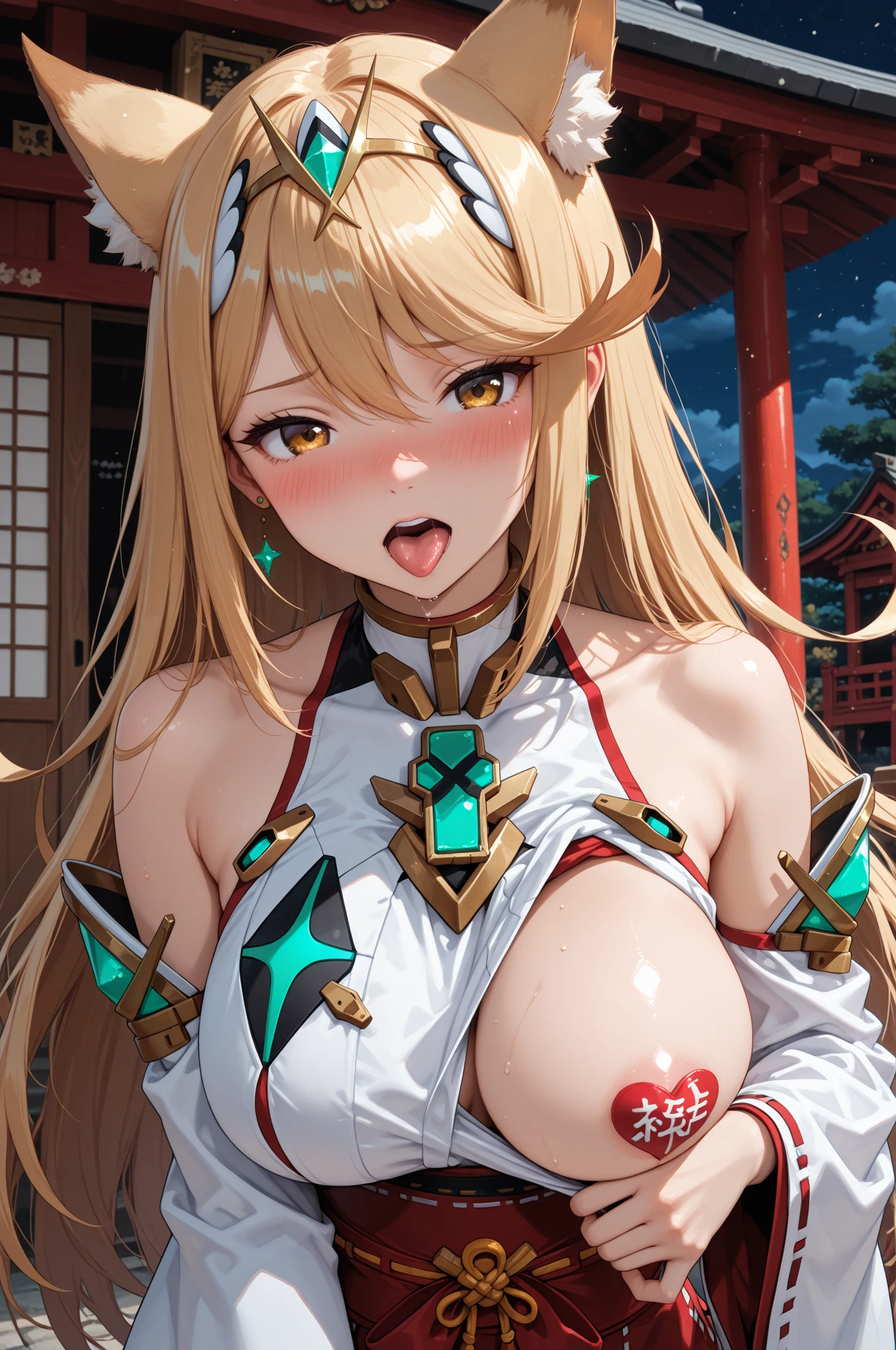 highest quality、Smirking face、Red Eye、Big breasts、belly button、Fox ears、Long blonde、Kimono、No panties、Japanese-style room、nipple