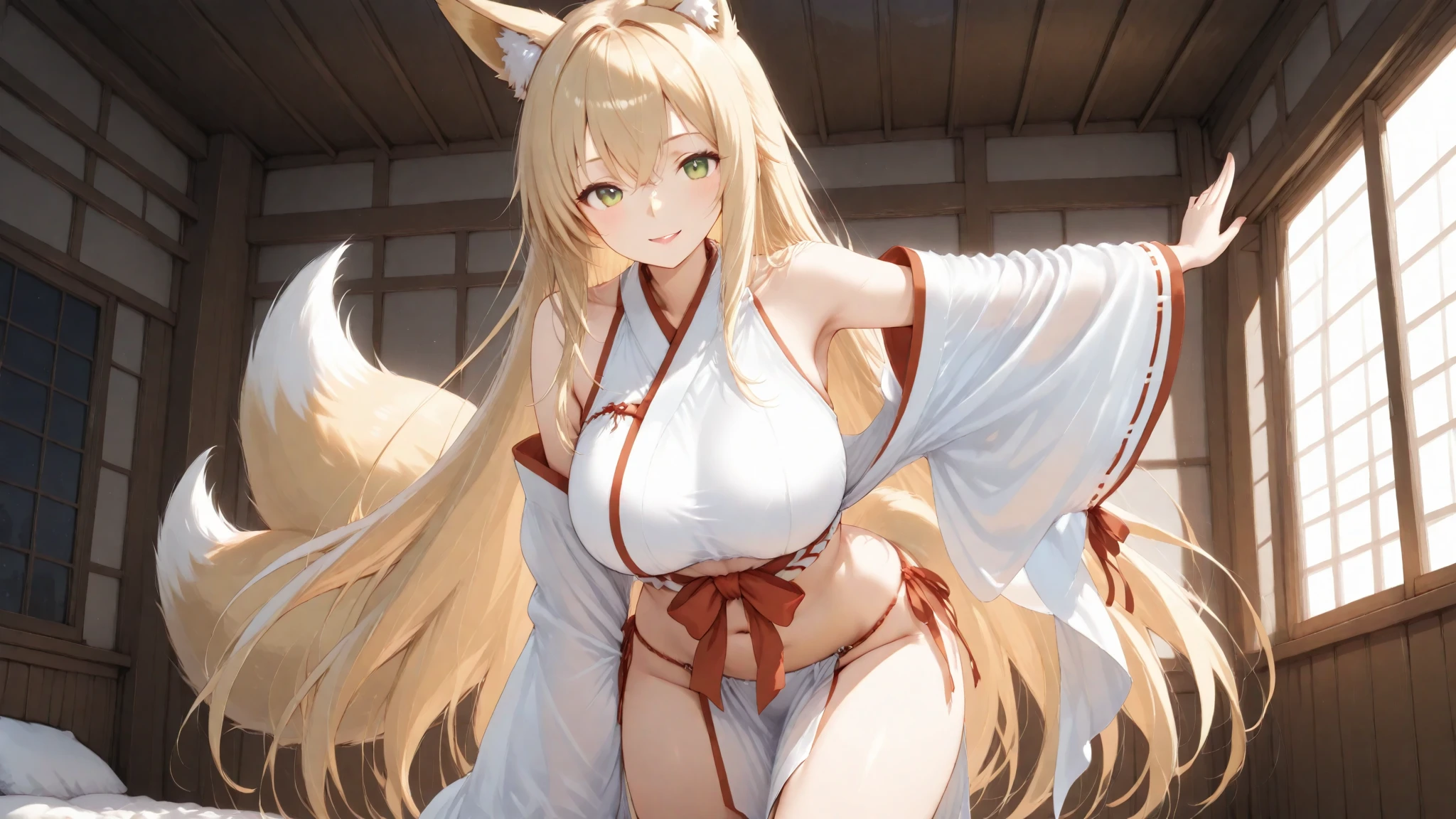 masterpiece, Highest quality, Miko costume ,yellow fox girl,Yellow Eyes,{White skin} ,(tiny chest:1.3) ,Glowing Skin,Embarrassing,Open your mouth,nsfw,blonde,Long Hair,,Outdoor,Covered, Are standing, Japanese Shrines,, Tiny Micro Bikini