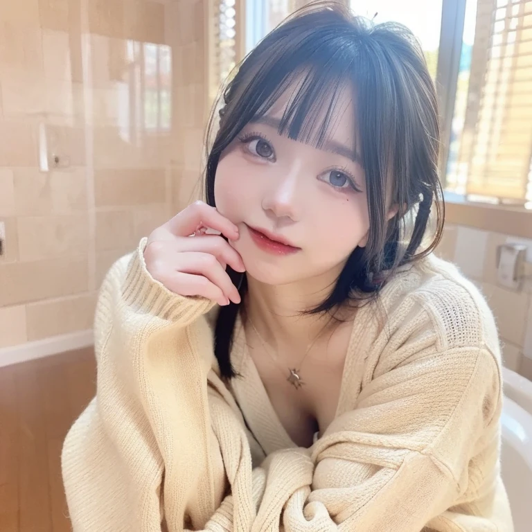 table top, highest quality, shape, Super detailed, finely, High resolution, 8k wallpaper, 完璧なダイナミックな構shape, finelyて美しい目,  natural lip, sweater(mini skirt)wear, chest, whole body, random sexy pose,bun hair,RAW photo,room,smile、最高のsmile,