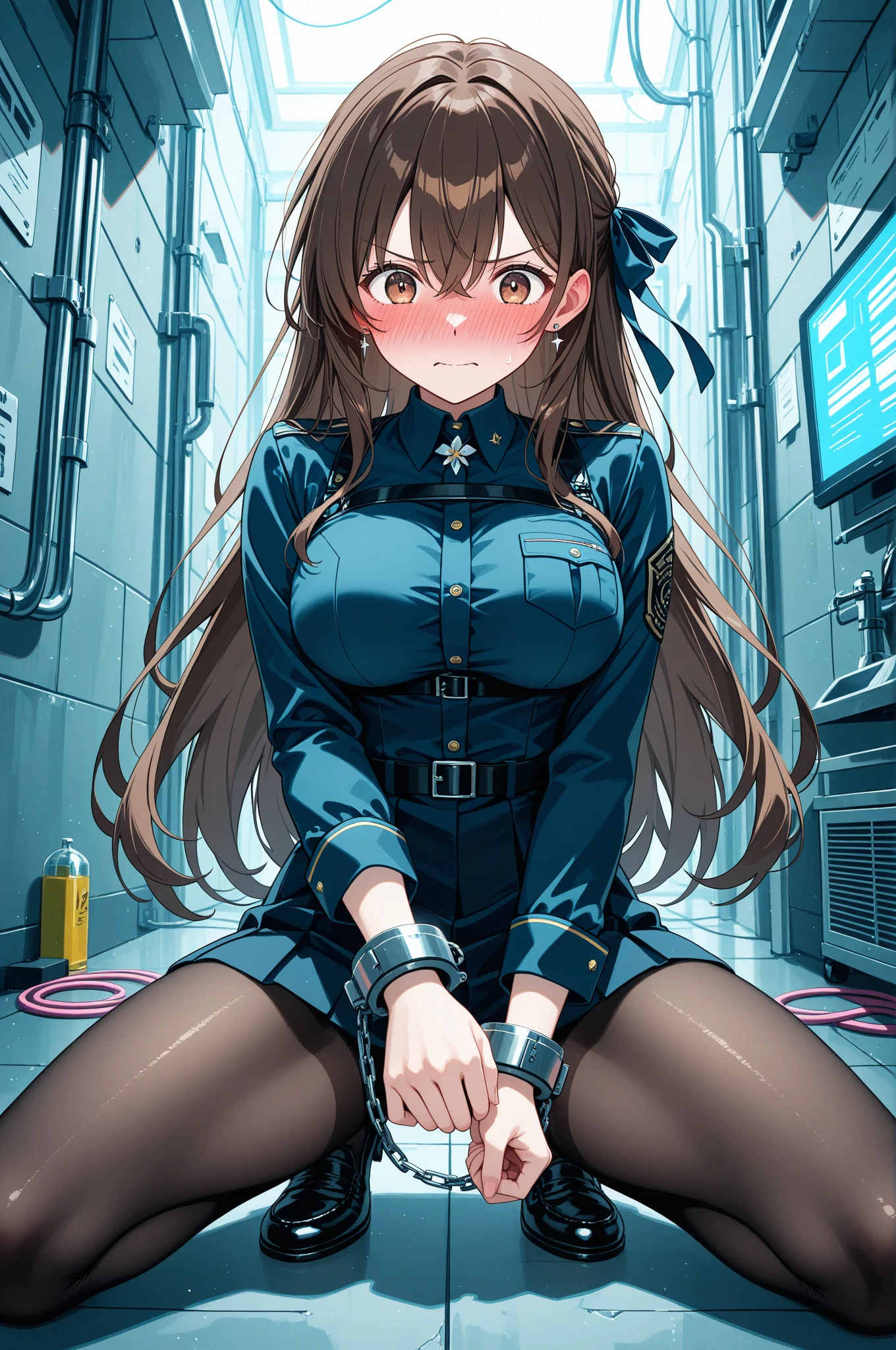 1 girl, ((inside tiny cube, strapped to chairs)), (sitting:1.5), (bondage chair:1.5), (inside oven:1.5), (((drooling, moaning, orgasm, rolling eyes))), ((basement, metal room)), (((blushing:1.5), (moaning:1.5), (shaking:1.5))), (inside tiny cube, tightly packed), arms to sides , wrist cuffs, ankle cuffs, (((shocked expression, struggling))), ((short sleeve, sailor uniform, tight clohing)), arms to sides, long hair, dark hair, saphire eyes, perfect body, perfect face, detailed face, (((detailed eyes))), focus on face