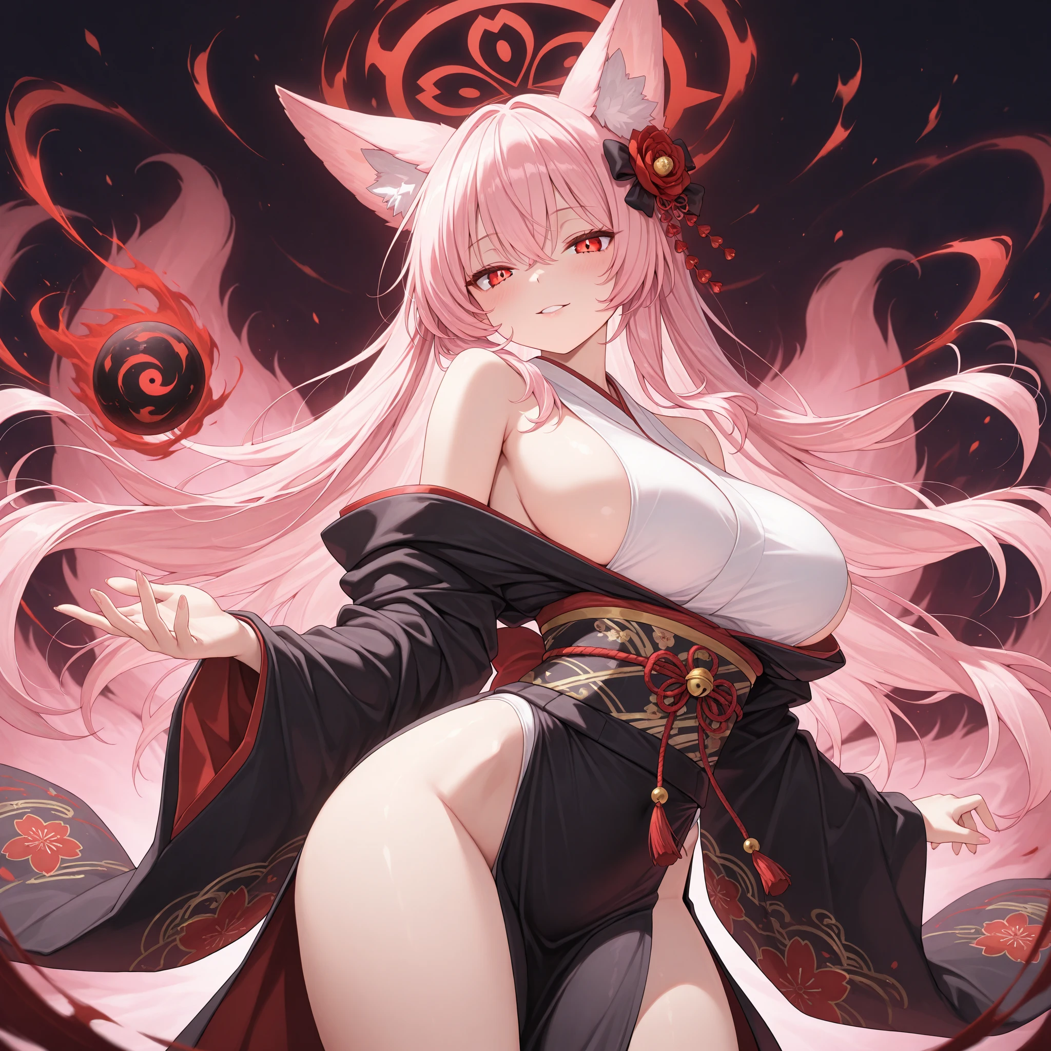 Alone kitsune, Female, fantasy race, large breasts, white bikini, pink long hair, fox ears, fox tail, open red kimono