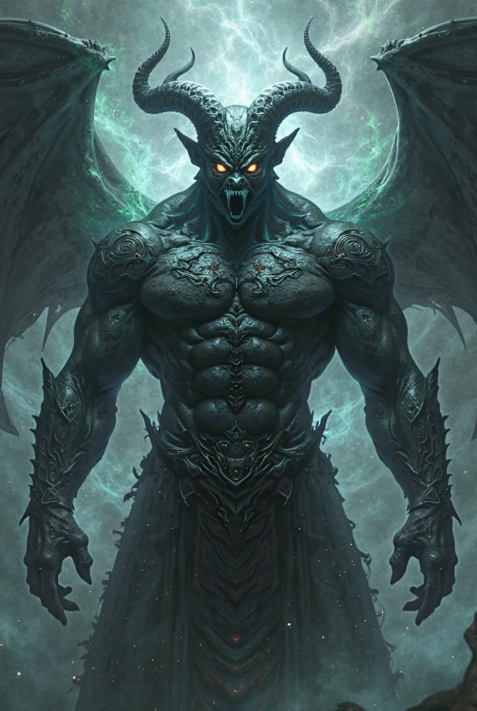 (ultra detailed)、Daisy-like monster、Evil Face、Red glowing eyes、(Tattoo:1.5)、horn、wing、Muscular body