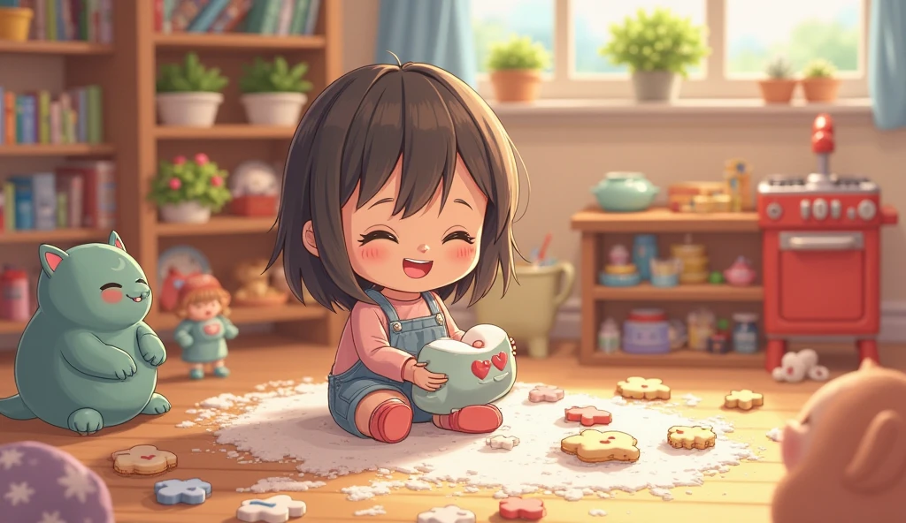 Girl playing in the living room，A reassuring smile on his face，Cartoon，可爱Cartoon，可爱Cartoon风格，maternal love，Cute illustration，Clean anime art，Simple background