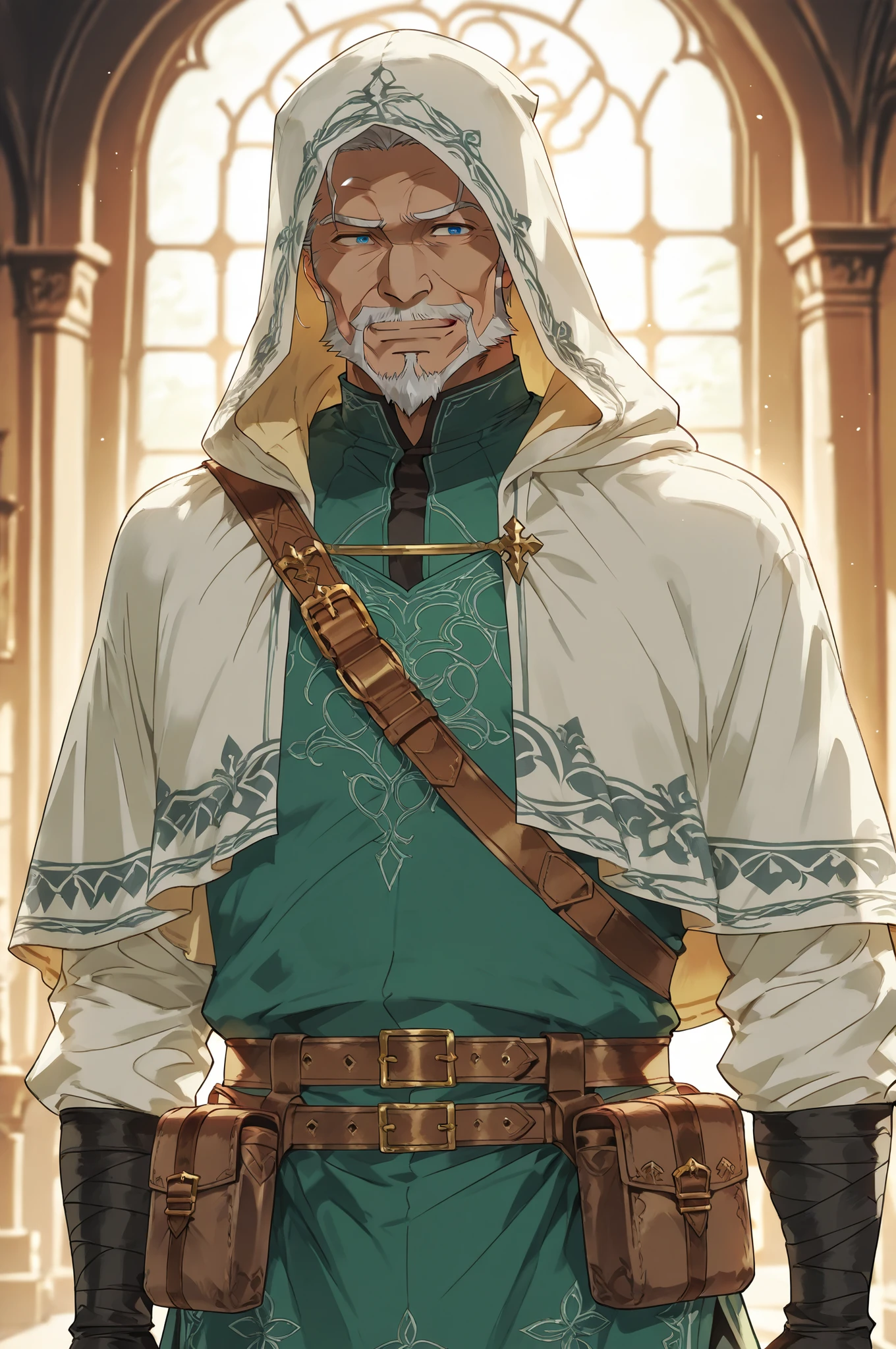 Solo; 1 man, mature man, half_aged man, African skin, wears a hooded cloak that drapes over a rugged tunic, giving off a medieval or fantasy vibe, straps and belts wrap around the waist, securing a pouch at their side. The chest area of the garment is notably worn and frayed, a gentle smile expression, color palette adds depth to the scene, evoking a sense of ancient and mystery