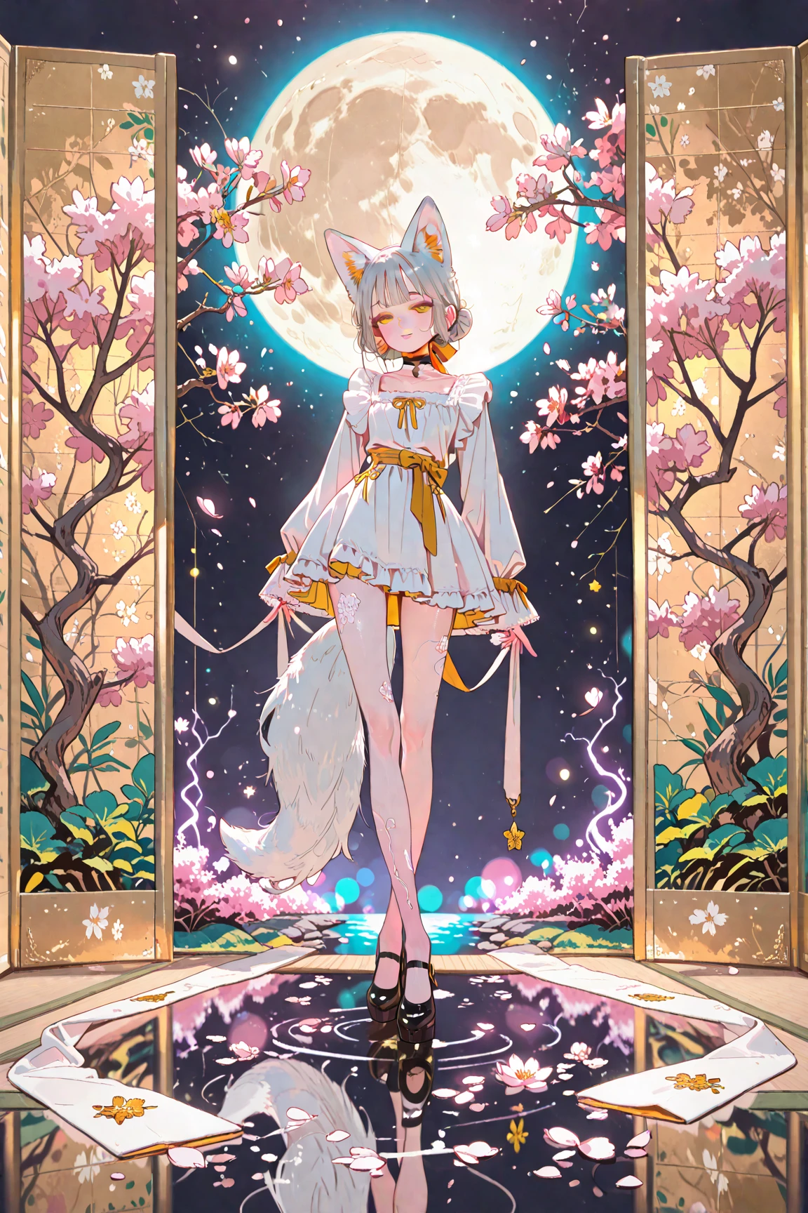 1girl,fantasy,twilight forest,merchant,{thighs with vine},beautiful breasts,{{{white cloth with plutinum vine}}},fluffy fox tails with ribbon,campanula,silver hair,short bob cut,{{fennec ears}},naughty face,night,Arms behind,sweet perfume,Dryad,