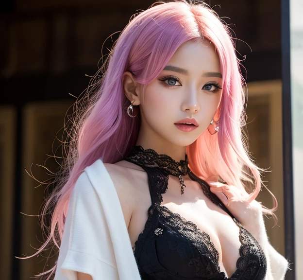 Top Quality, Ultra High Resolution, (Photorealistic: 1.4), (Detailed Beautiful Girl: 1.4), (Middle Breast: 0.8), looking_at_viewer, Detailed Facial Details, Beautiful Detailed Eyes, Pink Hair, Blue Eyes, Slender, Unforgettable Smile, (Makeup: 0.3), Red Lips, Highly Detailed Clothes, (ulzzang-6500-v1.1: 0.3)