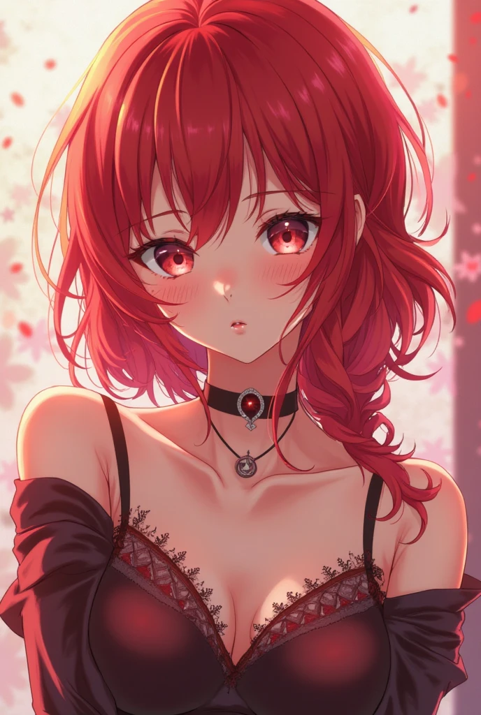 Make a redhead anime character, with big eyes, with your breasts out