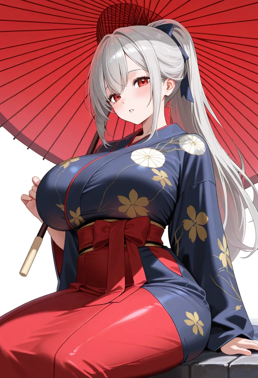 (masterpiece: 1.2, best quality), anime, (real image, intricate details, depth of field), (1girl, solo), perfect eyes, perfect face, perfect hands, perfect lighting, makeup, half-open lips, elf, highly detailed, perfect face, (huge breasts: 1.4), (skindentation), thick thighs, wide hips, thin waist, high, bright coral lips, white hair, red eyes, big ponytail, (A girl, Japanese kimono, fan in hands), (sweat: 1,2), (wet), sexy, blushing,