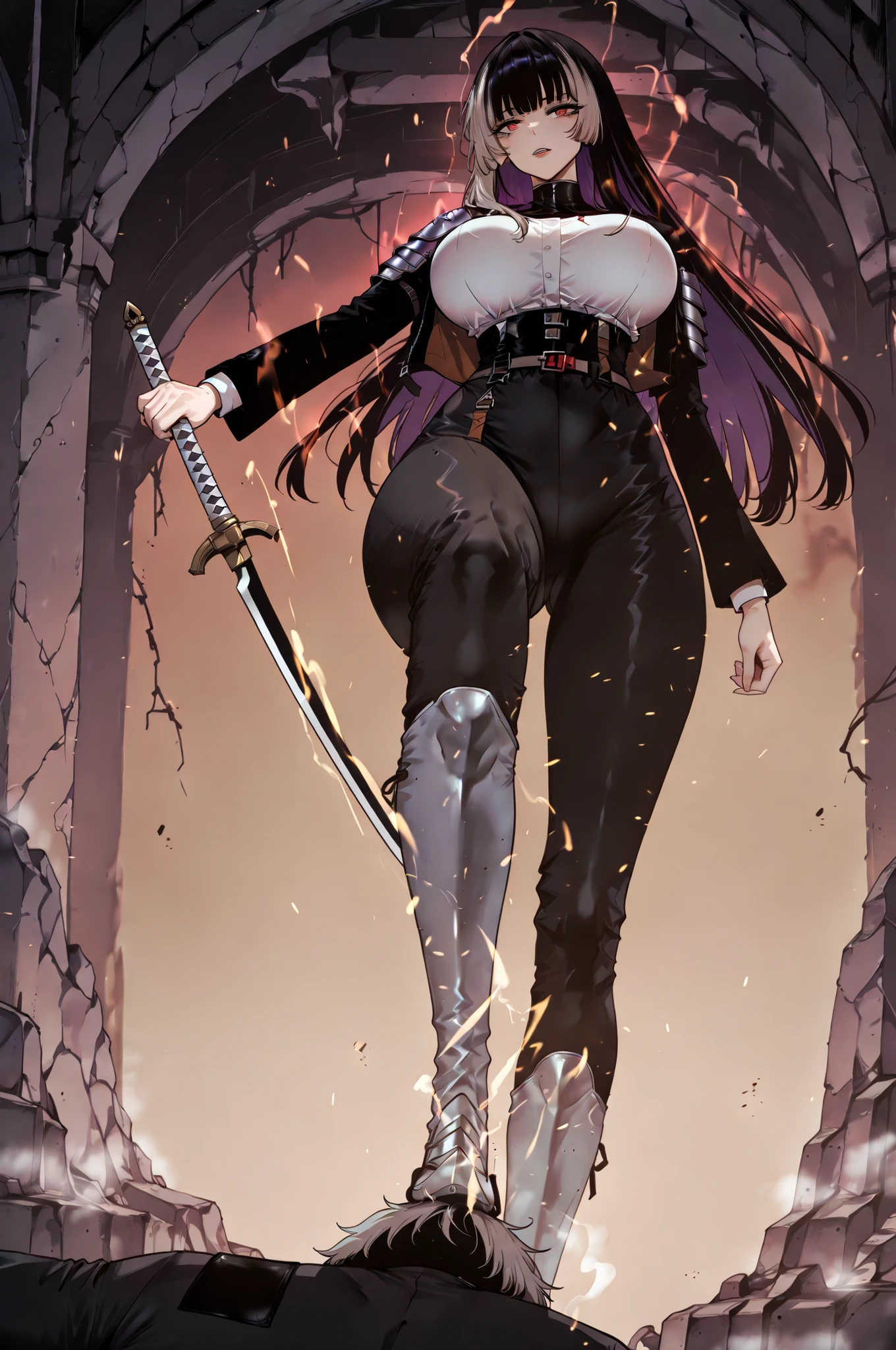 stomp、stompる、soloプレイ、solo、only one person、taken from below、caveの中、Hunter、Ruins、Attach a、black suit、Attach a、sword、Japanese sword、black longsuit、 black long jacket、ゴスロリなshirt、Depressed、Tall Woman、A woman in her thirties、 Alassah's woman、Steins;Gate、 black longsuit 、score_9, score_8_up, score_7_up, Source_anime,masterpiece、No expression、no makeup、top quality,beautifully detailed eyes in a logistics warehouse, Exquisite Eyes、A sophisticated eye、highly detailed eyes and faces on the back,unmotivated expression、lethargic face、 long breasts, Black Jacketを羽織る、Black Jacket、shirt, big saggy breasts, shockingly big breasts, big breasts,big boobs、boobs 、Zitoida, makeup、no makeup、long hair、smooth straight hair、black slacks、tall woman、Tall Woman、plump thighs, parted lips、 shining eyes,(Fire Aura Onkown),dungeon内、Crimson Eyes、long hair、dark haired、黒い髪、long straight hair、dungeon、cave、Ruins、solo、swordを持っている、soloプレイヤー、red aura、 Crimson Aura 、zone、sword、大sword、Japanese sword、Sword、ゴツいsword、厳ついsword、Buster Sword、大Sword、Wide ass、beautiful butt、butt that's stomping on a monster's carcass、long boots、Shoulder Armor、Fearless Laugh、strong、Is confident、suit pants、黒いlong pants、Black Skinny、long pants、Dynamic、Satu、fight、Satu狂、sexual impulses and、bangs、quick bangs、princess cut、モンスターをstompる、low angle、stomp、Black Skinny、モンスターをstomping 、stomping 、stomping する、モンスターの死骸をstompている