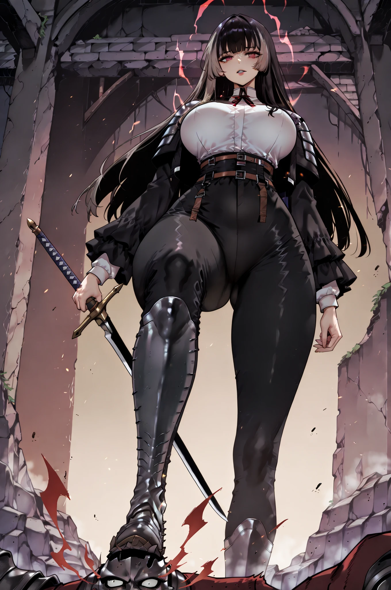 stomp、stompる、soloプレイ、solo、only one person、taken from below、caveの中、Hunter、Ruins、Attach a、black suit、Attach a、sword、Japanese sword、black longsuit、 black long jacket、ゴスロリなshirt、Depressed、Tall Woman、A woman in her thirties、 Alassah's woman、Steins;Gate、 black longsuit 、score_9, score_8_up, score_7_up, Source_anime,masterpiece、No expression、no makeup、top quality,beautifully detailed eyes in a logistics warehouse, Exquisite Eyes、A sophisticated eye、highly detailed eyes and faces on the back,unmotivated expression、lethargic face、 long breasts, Black Jacketを羽織る、Black Jacket、shirt, big saggy breasts, shockingly big breasts, big breasts,big boobs、boobs 、Zitoida, makeup、no makeup、long hair、smooth straight hair、black slacks、tall woman、Tall Woman、plump thighs, parted lips、 shining eyes,(Fire Aura Onkown),dungeon内、Crimson Eyes、long hair、dark haired、黒い髪、long straight hair、dungeon、cave、Ruins、solo、swordを持っている、soloプレイヤー、red aura、 Crimson Aura 、zone、sword、大sword、Japanese sword、Sword、ゴツいsword、厳ついsword、Buster Sword、大Sword、Wide ass、beautiful butt、butt that's stomping on a monster's carcass、long boots、Shoulder Armor、Fearless Laugh、strong、Is confident、suit pants、黒いlong pants、Black Skinny、long pants、Dynamic、Satu、fight、Satu狂、sexual impulses and、bangs、quick bangs、princess cut、モンスターをstompる、low angle、stomp、Black Skinny、モンスターをstomping 、stomping 、stomping する、モンスターの死骸をstompている