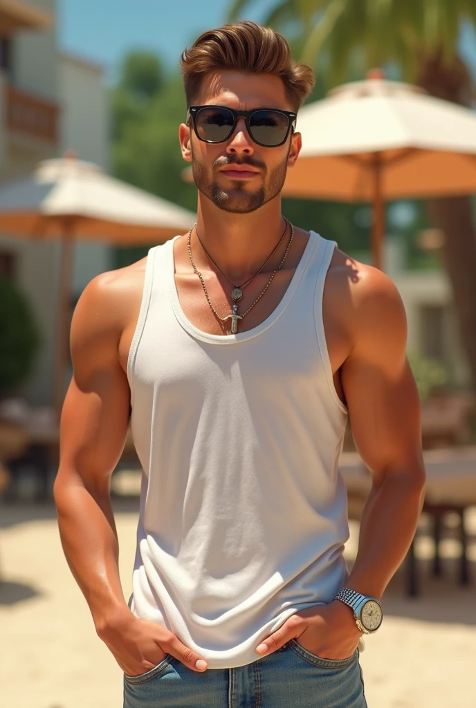 A handsome and attractive man with a more masculine appearance, short straight hair slicked back, brown eyes, and lightly tanned skin. He has a slightly fuller face and a build that is slightly above average weight, but with discrete, well-defined muscles. He is dressed in a stylish and modern outfit, always exuding an air of sophistication and luxury. The setting is in Dubai, featuring iconic landmarks and the opulent architecture of the city. His face is highly realistic, capturing fine details and lifelike expressions.