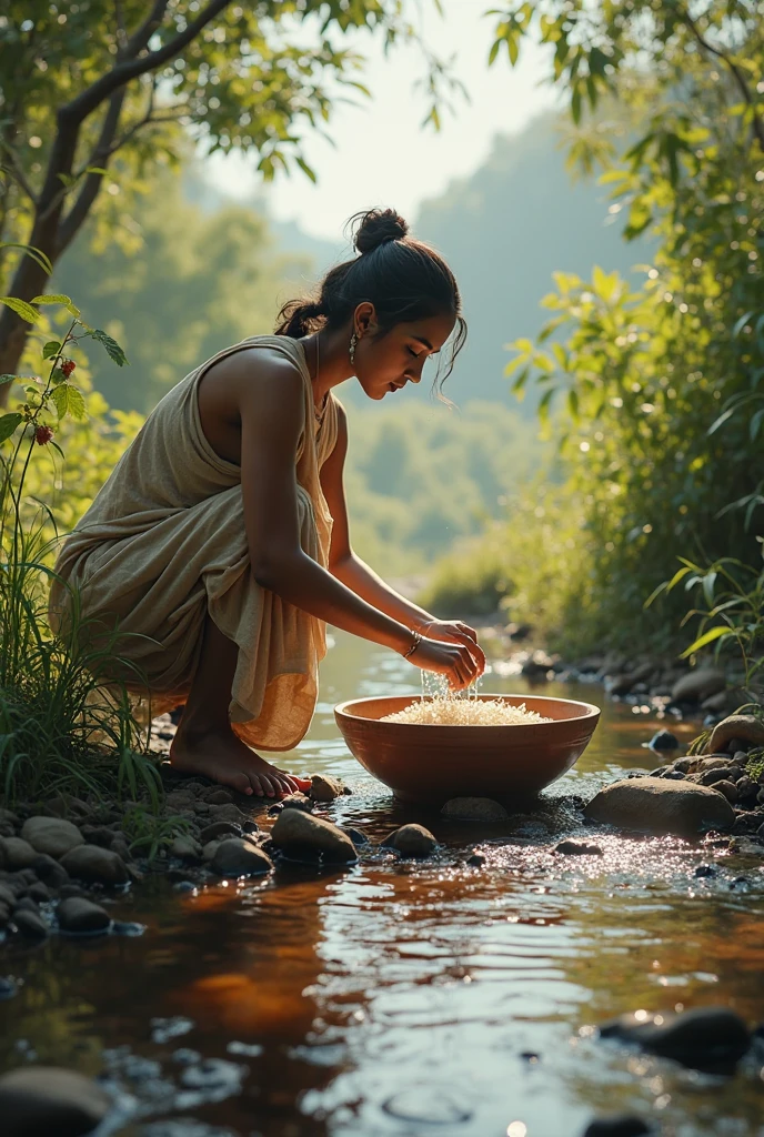 Vishaka in the Courtyard:** A young woman named Vishaka is in a simple rural courtyard. She is washing utensils, her hands submerged in soapy water. The courtyard is modest, with a few potted plants, a hand pump, and a rustic charm. Moonlight gently highlights her figure, giving the scene a tranquil and serene atmosphere.