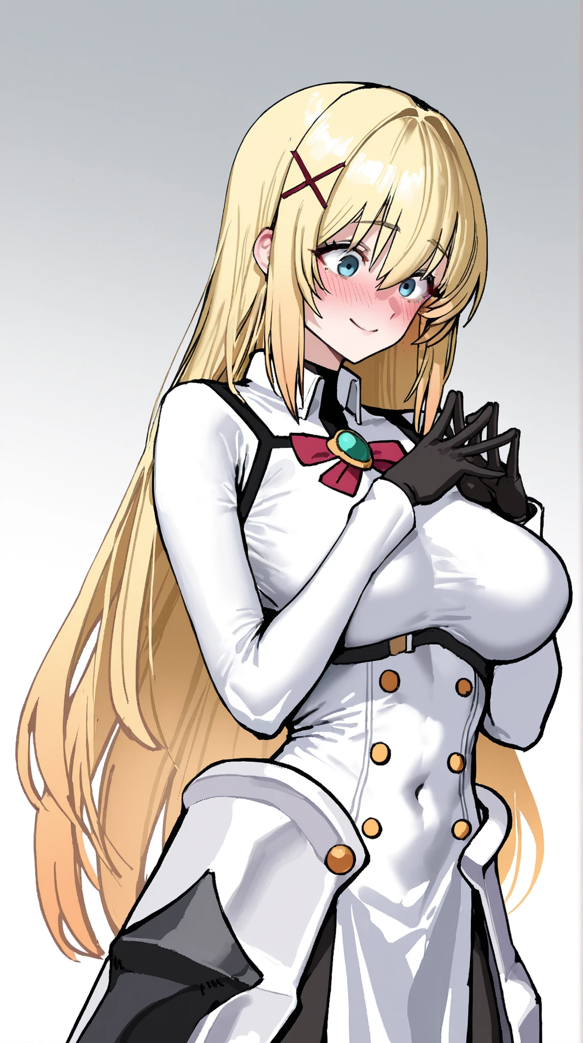 swept bangs、Parting and fixing of bangs、((((a blond、long twin tails with curly hair、7:Parting bangs by 3、swept bangs)))))、Parting the bangs so that the forehead is visible、Soio、One Woman、individual、、facing front、frontage、girl with、(Face Details:1.2)、masterpiece、Silver eyes、super precision、top-quality、Top image quality、Ultra-precise depiction、8K picture quality、simple background、(((((Red bodysuit、Enamel material、Long red boots、Tecateca、Off turtleneck、cleavage of the breast、Glossy red bodysuit、Smaller chest))))))、、Detailed hand、Detailed finger、simple background、white backgrounid、(((((cowboy shot)))))、