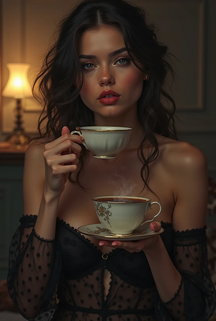 (photorealism:1.2),high quality, 8K Ultra HD, A beautiful woman,messy wavy dark-blonde hair, braids, dark colored makeup,posing, detailed filigree, wearing an embroided black lace dress, at morning, blue eyes, drinking a coffee, city cafe in the background, at morning,sunrise, hard shadows, filigree particles, crystal Elements with sunlight, cute expressions, soft smile,colors, perfect lighting, shadows, 32k, high definition, cinematic, ultra sharp focus, intricate artwork masterpiece, ominous, epic, 32k details, ultra details, dynamic lighting, cinematic, photo-realistic, 50mm lens, f/2.8, natural lighting, HDR, realism, mysterious, 64 megapixels, depth of field, hyperrealism, photorealistic, 32k ultra fine detail, Epic, Enhance, Beautify, Epicrealism, Realistic, by Greg Rutkowski, by Alphonse Mucha