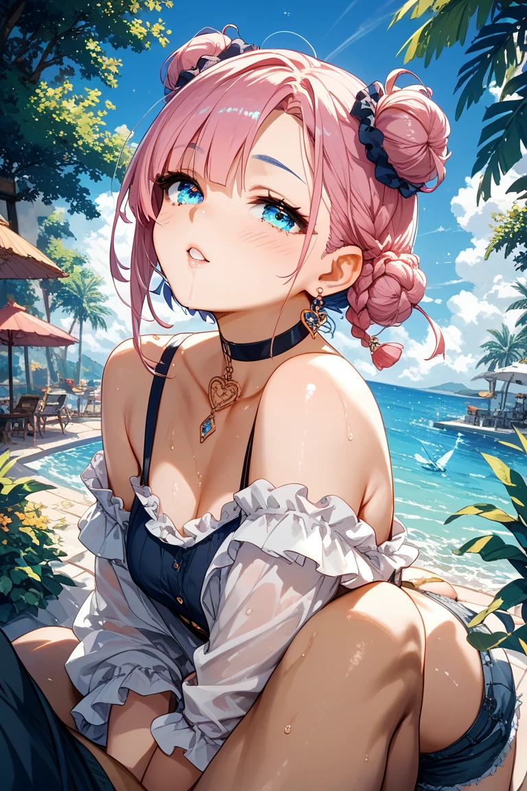 (masterpiece, best quality),(grainy:0.8), (ultra realistic:0.8), (extremely detailed:1.2), perfect anatomy, BREAK girl, sunglasses, reflection on sunglasses, eyes under sunglasses, (drinking soda:1.2), ponytail, hair flower accessory, BREAK detailed summer dress, BREAK beach background, <lora:YagamiCoco-v1.0:0.28>,((large breasts)),