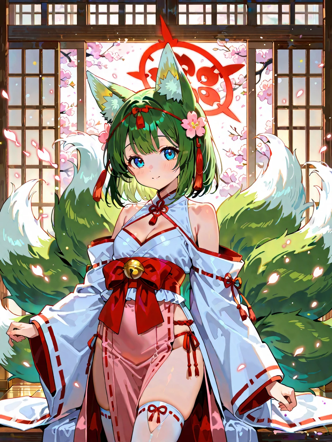 masutepiece、An ultra-high picture quality、ultra-quality、8K、Clear details、face perfect、Phenomenally cute face、perfect and slender body、An 18-year-old girl with a height of about 150cm、Green hair、Hair fluttering in the wind、Clothes are black Chinese clothes、Breasts and underwear visible through Chinese clothes fluttering in the wind、Bullish look、red blush、Place your hands behind your back to emphasize your chest