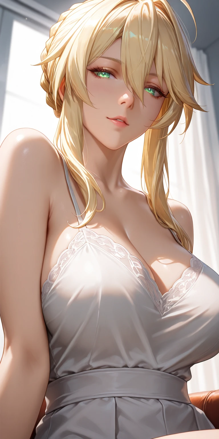 ((best quality)),  sexy, blonde ponytail hair, green eyes, pretty, thin skimpy white robes, colourful flower field, big breasts, colours, sexy, upper body, cleavage, sunset, see-through, thin fabric,