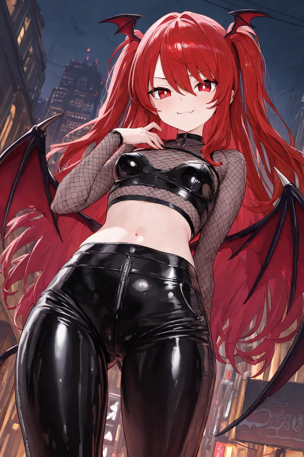 8k resolution, high quality, high definition, extremely detailed, masterpiece, best quality, red hair, long hair, black skirt,((stomach)), midriff, ((groin)), koakuma, naval, standing, alluring presence, devil wings, long skirt, book, white shirt, toned belly, extremely delicate and beautiful, (25 year old woman:1.3), (masterpiece:1.4), (best quality:1.4), (beautiful detailed eyes), small black skirt, (perfect details:1.0), (mature female:1.3), 1girl, adult, matured, milf, large veiny breasts,