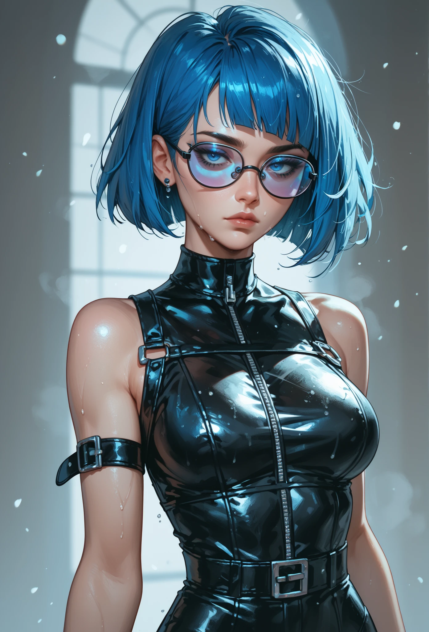Highest quality、masterpiece、One girl、Neon Town、Round glasses、short hair、Ecstasy face、Big Breasts、Ahegao、Sweaty