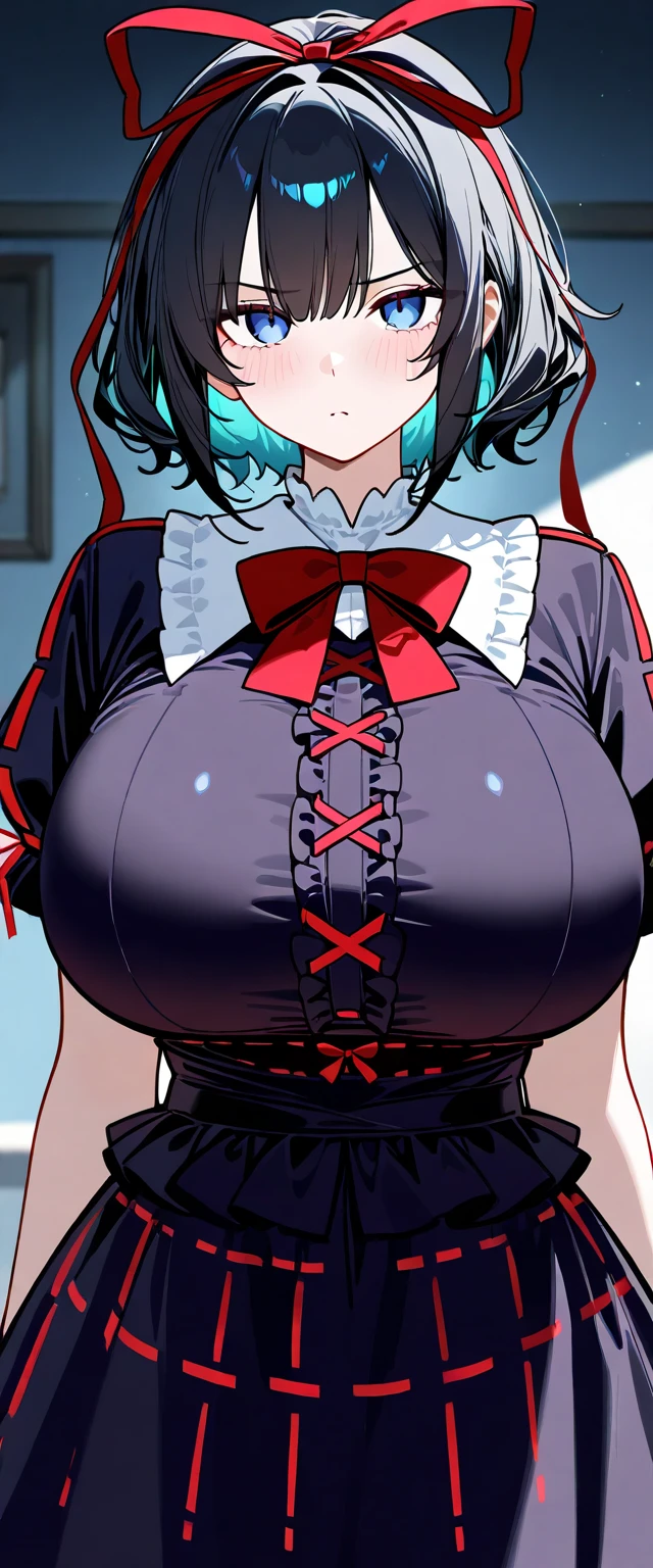 Damian Wayne(aka Robin/Son-of-Batman) transformed into a female bimbo with gigantic breasts with erect nipples and thick lips and is dressed as a maid.