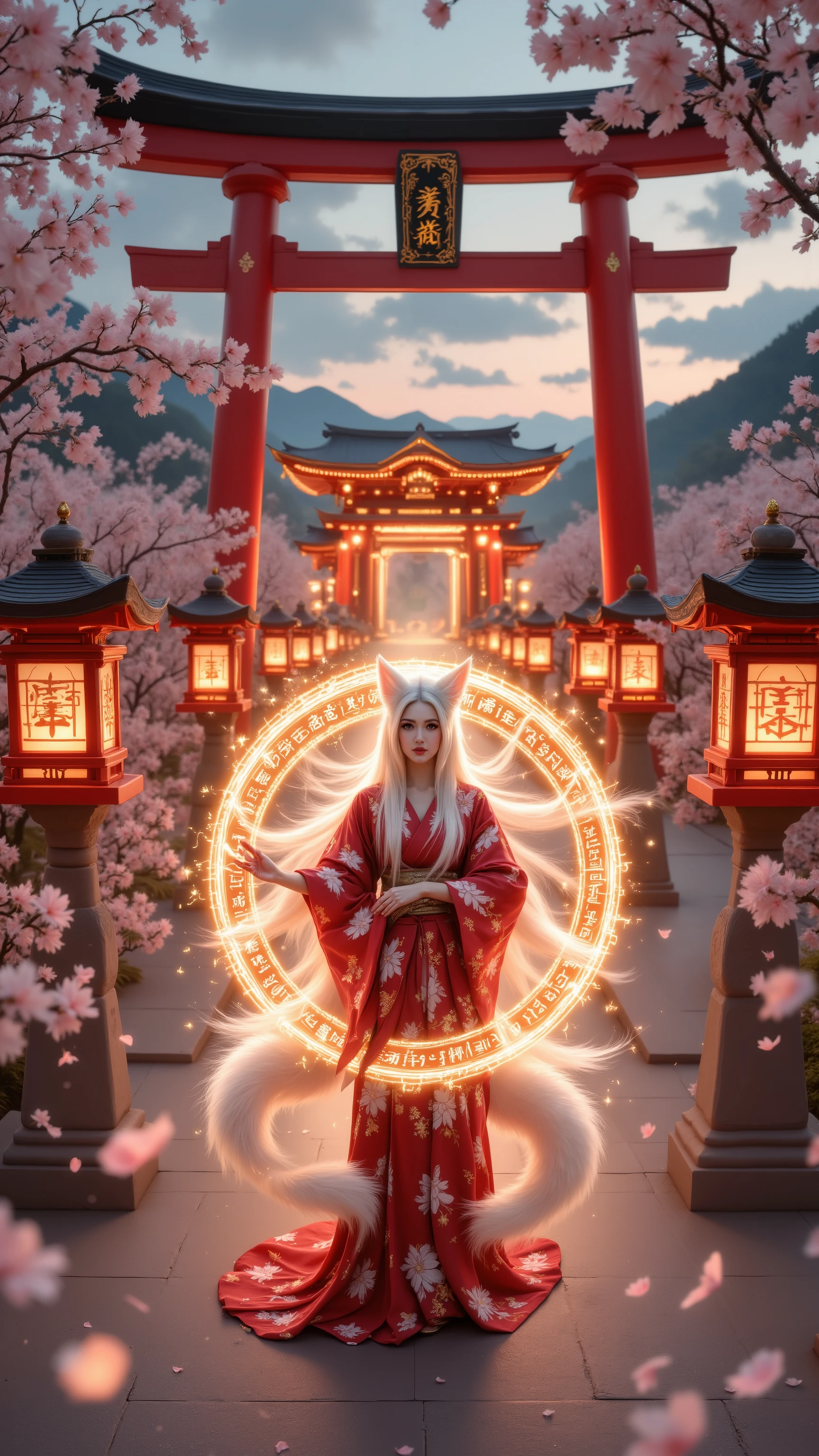 A photorealistic image of a majestic Shinto shrine floating among soft clouds in a twilight sky, illuminated solely by the warm, golden glow of a Sanskrit magic circle. The shrine is adorned with vibrant red torii gates, white stone lanterns with intricate carvings, and golden ornamental accents, surrounded by delicate white cherry blossom petals drifting in the gentle breeze. At the center stands a breathtaking nine-tailed fox woman, an ancient kitsune embodying divine grace and forbidden allure. She has long, silky white hair cascading down her back, adorned with delicate fox ears, and nine flowing tails with soft, realistic fur textures. Her serene, confident face holds a mysterious depth in her eyes. She wears a traditional red kimono with white patterns and golden embroidery, slightly open to reveal her elegant, feminine form. With graceful hands, she weaves a complex Sanskrit magic circle in the air, its golden runes radiating a pulsating inner light that casts a warm glow on her and the nearby shrine elements, while the rest of the scene remains in subtle twilight shadows. The composition captures intricate details: the smooth silk of the kimono, the delicate fur of the tails, the weathered stone of the lanterns, and the ethereal cherry blossom petals. The color palette is strictly red, white, and gold, creating a harmonious, otherworldly scene with a photorealistic texture and cinematic atmosphere...she is ultra enormous beautiful breasts