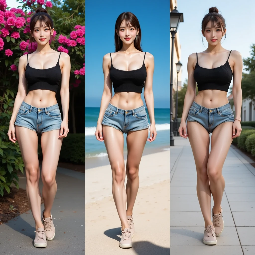 (Masterpiece, Best Quality), Smile, one person ､pale skin, (baby face), runing.island beach background, (See-through off-shoulder, transparent crop top, waist-high skirt, tight mini skirt:1.3), (skinny thigh:1.9, narrow waist, skinny body, long legs, skinny legs:1.9), blonde hair, (huge boobs, lift butt up, straight legs), (wide thigh gap:1.6, wide gap between thighs:1.6), nipple projection, pink  bulge, camel-toe bulge, (face teenage Barbara Palvin)
