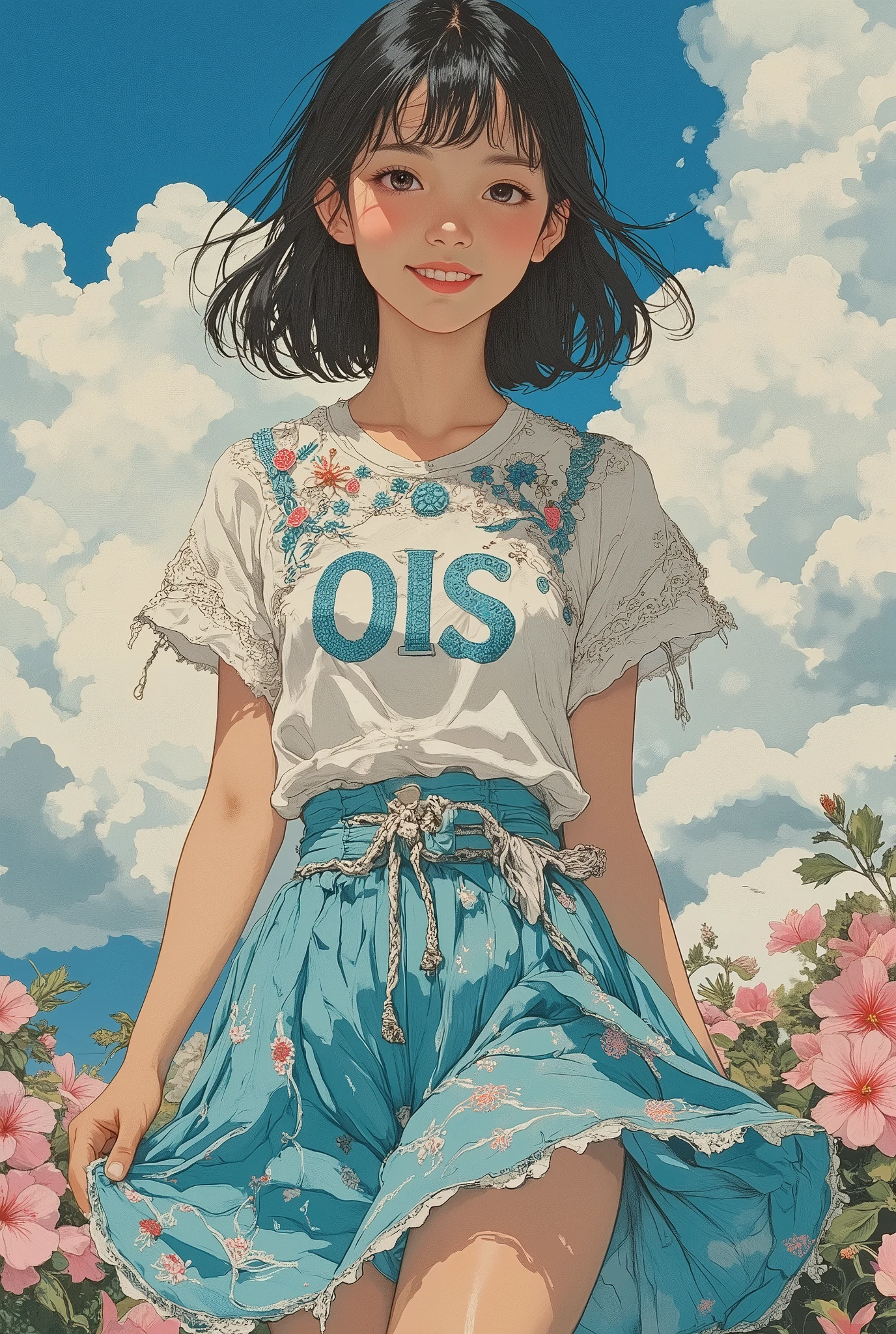 (masterpiece、official art、beautiful and sweet:1.2)、(one girl:1.3) size 3 chest,((masterpiece)),(professional photography]:1.2), cumulonimbus clouds, summer day, Okinawa, Tropical countries, Asiatic, (Beautiful girl 20 years old), smirk,  thin blouse , threads, the flight breeze lifts up the light summer skirt(majority_detailed:1.3), blooming hibiscus, the blouse is embroidered with turquoise threads "OIS" with turquoise.