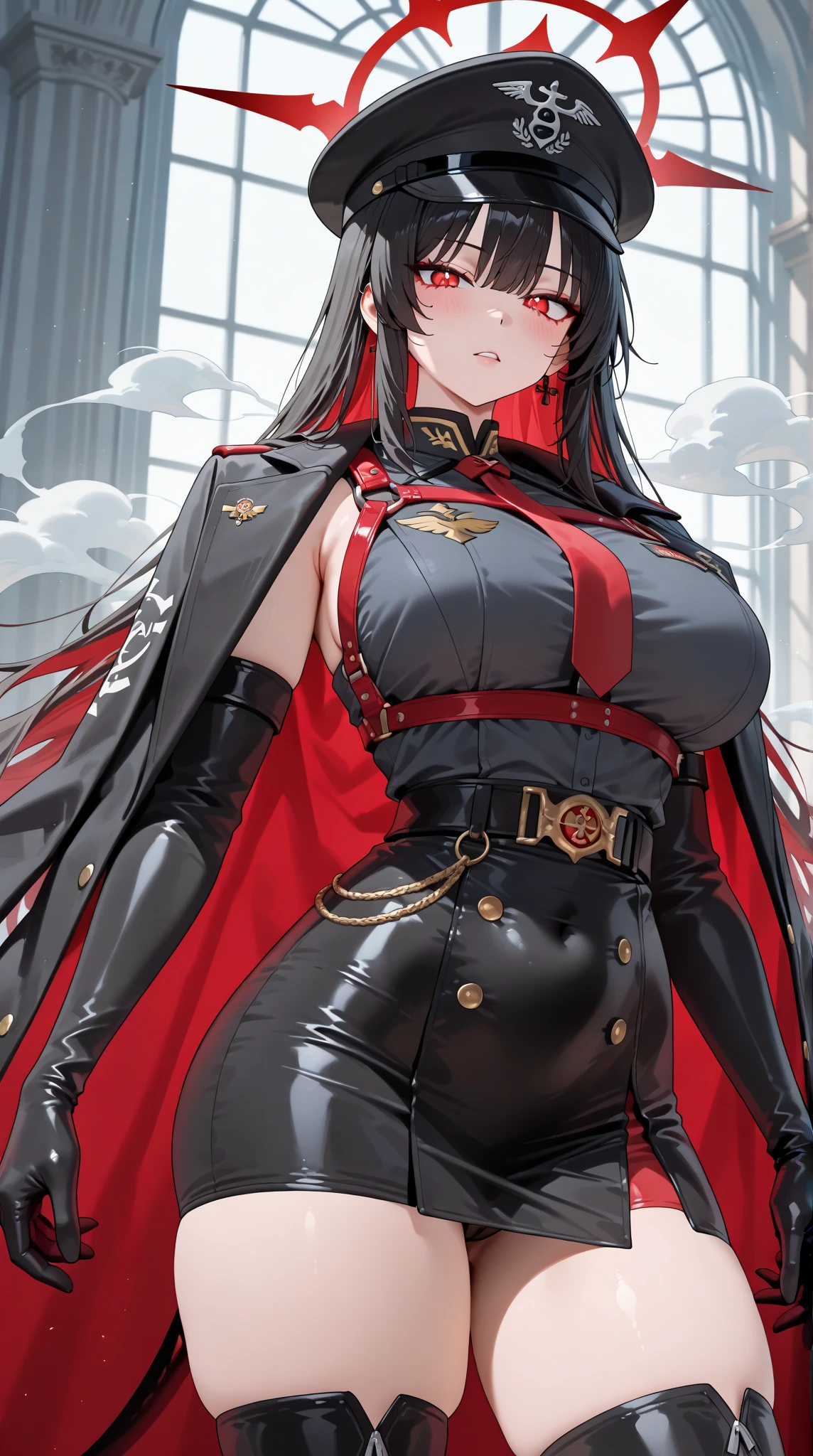 Lin Wei, a beautiful human-hybrid with striking black eyes and long black hair tied in a high ponytail, stands confidently. She looks directly at the camera with a determined and intelligent gaze. Her military uniform fits perfectly, highlighting her strong yet feminine physique. Her presence exudes strength, grace, and leadership. The background suggests a futuristic starship setting, adding to her commanding and powerful aura.
