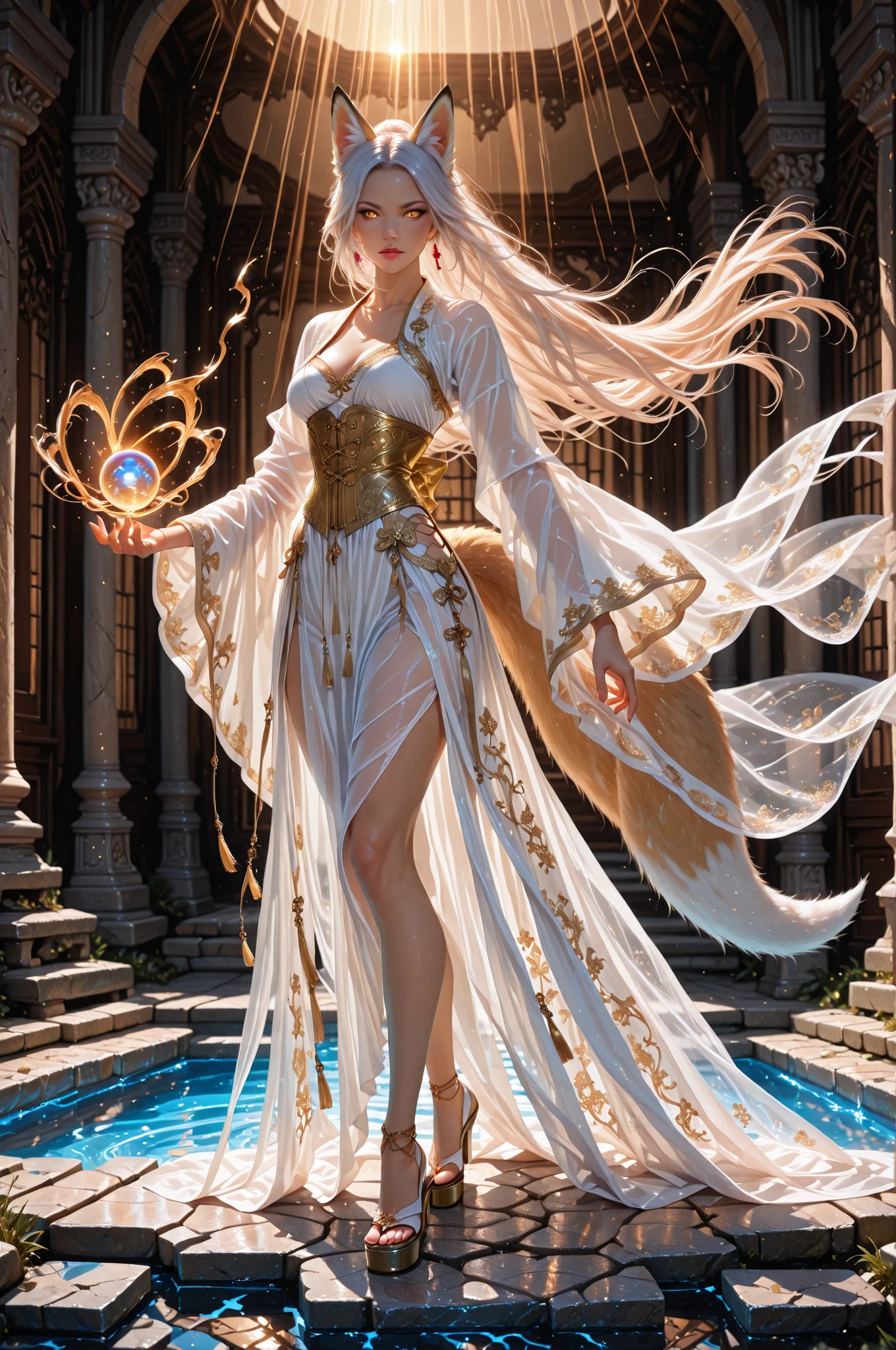 Super luxurious dress with lots of jewellery,European princess dresses,Princess Europe , Sad facial expression, elegant posing style, Noble princess dress, white dress, white princess glass shoes, golden yellow butterfly particles, firefly atmosphere,background blur, anime style 4 K, anime fantasy artwork, dark royal background, 4k anime wallpaper,HD lighting and dark )<=(epic image quality)dark atmosphere with bright particle light(many effects in background)