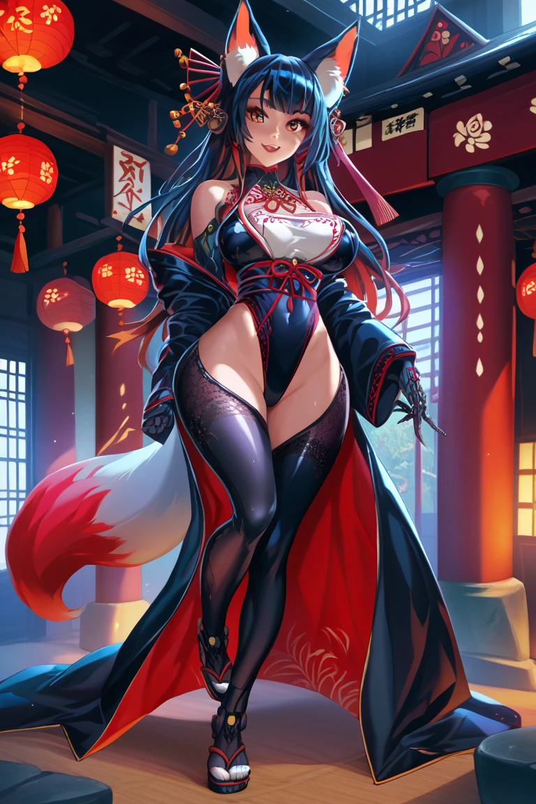 Beautiful black Kitsune, red eyes, highly detailed face, highly detailed eyes, big breasts, sexy figure, mature woman, several black kitsune tails, soft long Black Kitsune ears, Wearing Red And Black Race Suit, wide waist