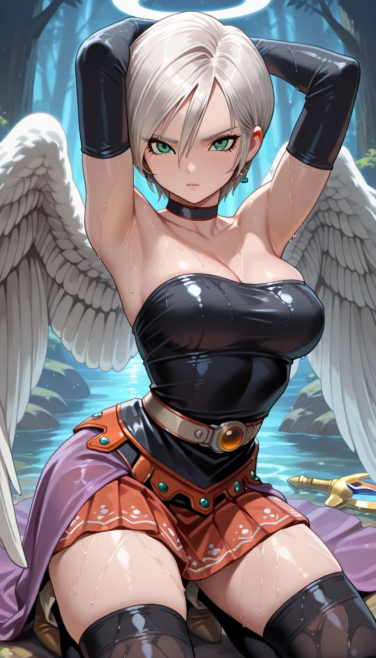 (masterpiece, best quality), 1girl, <lora:GalacticaSaber:0.8> GalacticaSaber, 1girl, solo, short hair, blonde hair, blue thighhighs, navel, medium breasts, green eyes, ahoge, star (symbol), armor, gauntlets, asymmetrical clothes, panties, elbow gloves, underboob, feathered wings, bikini armor