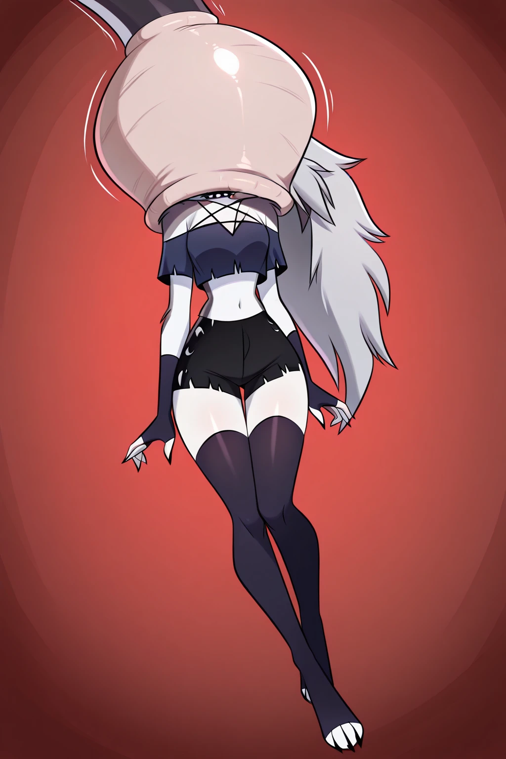 is portrayed as a short demon girl with pale skin, a black arrow-tipped tail, and silvery-white hair. Her irises are gray because she is blind