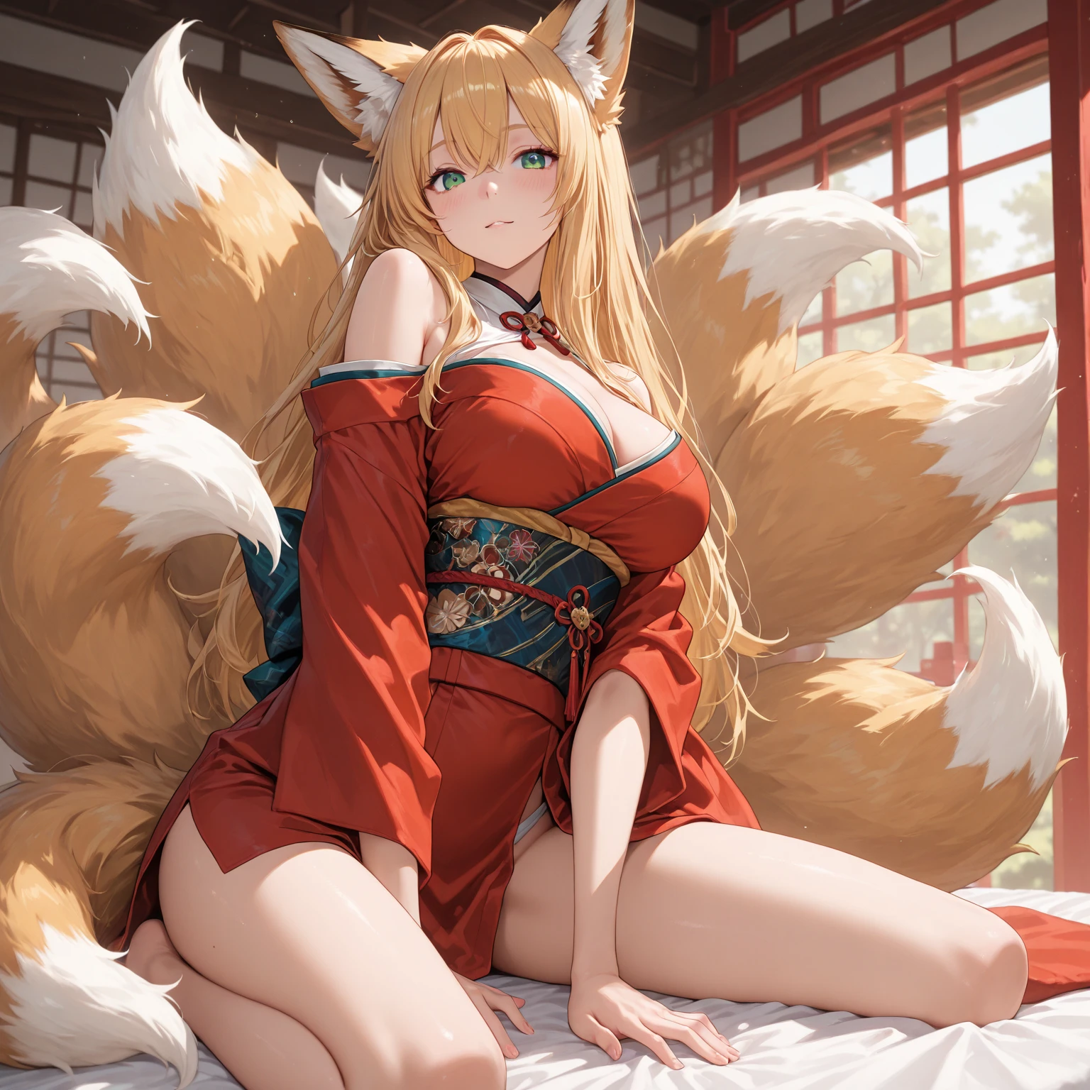 1 girl, long golden hair, fox ears, only fox ears, crimson eyes, extremly detailed, blushing, (face perfect:1.1), (high detal:1.1), top-quality, huge breasts, sexy and seductive, wearing red and white erotic kimono kimono, tall women, long flufy nine fox tails, multiple tails, thicc thighs, wide hips, smile, horny, absurdes, high res, ultra sharp, 8k, masterpiece, looking at viewer