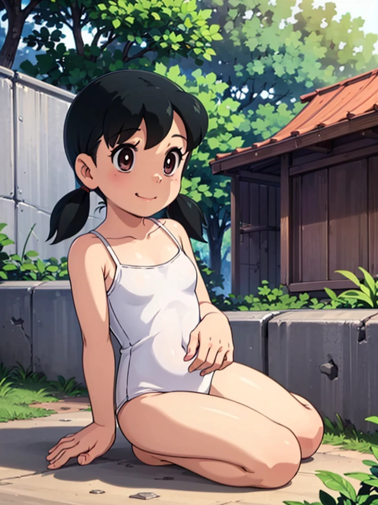 ((Masterpiece)), 8K, super low angle, wide shot, cinematic lighting, very messy hair, (in the forest), (exposed chest, oversized white camisole, dirty: 1.1 and torn, very tattered and torn, small and thin breasts, big open smile and mouth, barefoot), harem, slum cityscape, at an auction stage, front view, facing the crowd, cowboy photo, textured skin, drsizukachan1, dress