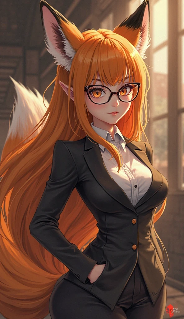 On the luxsurious sofa in seductive pose laying a female kitsune, she have red long hair with pink highlights, charming green eyes. tasty red lips, she dreessed in unbutten blouse, black short skirt high soking and snickers, also she wear glasses, she holding lollypop, she have four gorgeous magic fox tails, (ultra high quality fantasy art, magical fantasy style, masterpiece, ultra high quality character design, 8k quality anime art, realistic anime art, top quality wallpaper illustration, detailed ultra high quality accurate face, high quality design and accurate physic)